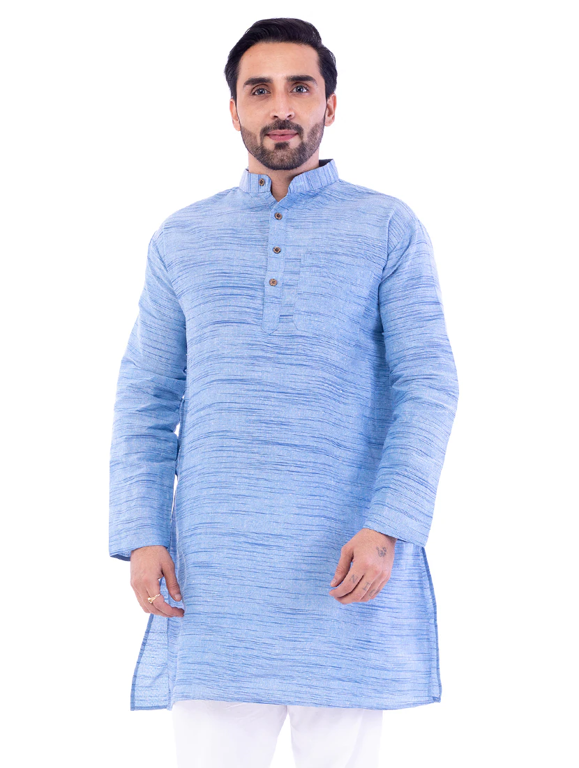 Aaryavar Men's Khadi Cotton Relaxed Kurta - Melange Blue Color