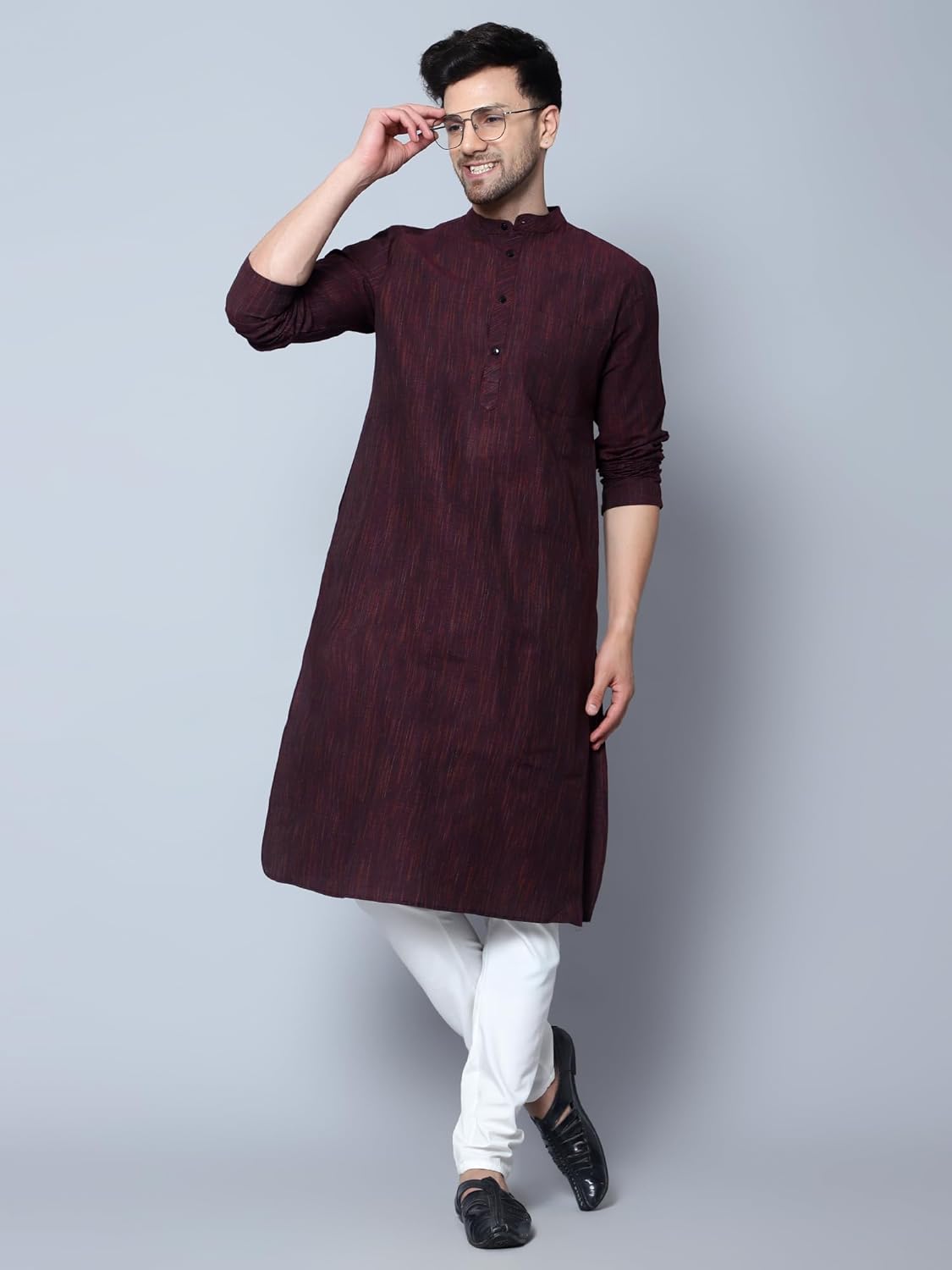 Aaryavar Men's Khadi Cotton Relaxed Kurta - Deep Maroon Color