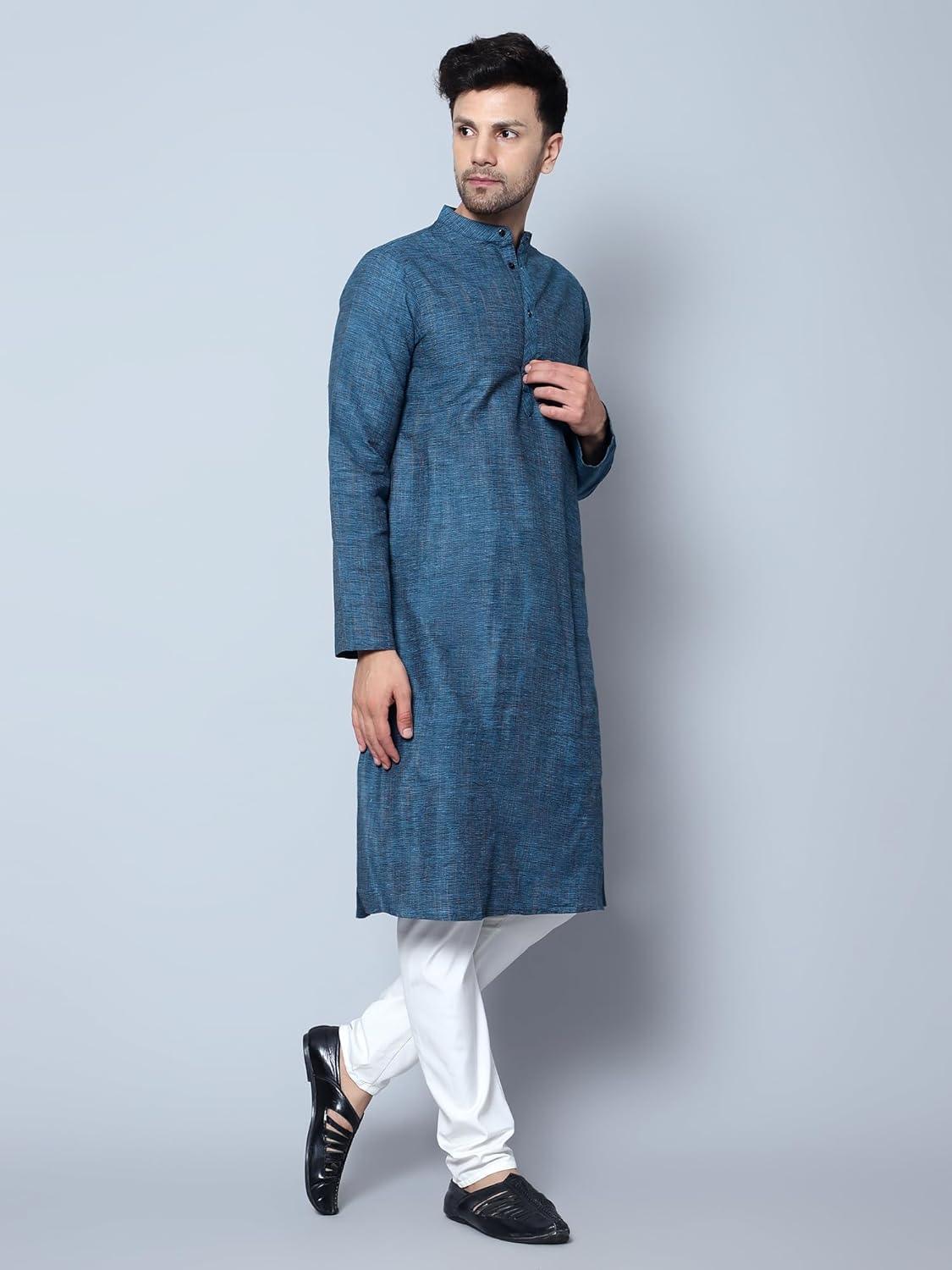 Aaryavar Men's Khadi Cotton Relaxed Kurta - Teal Blue - Firozi Color