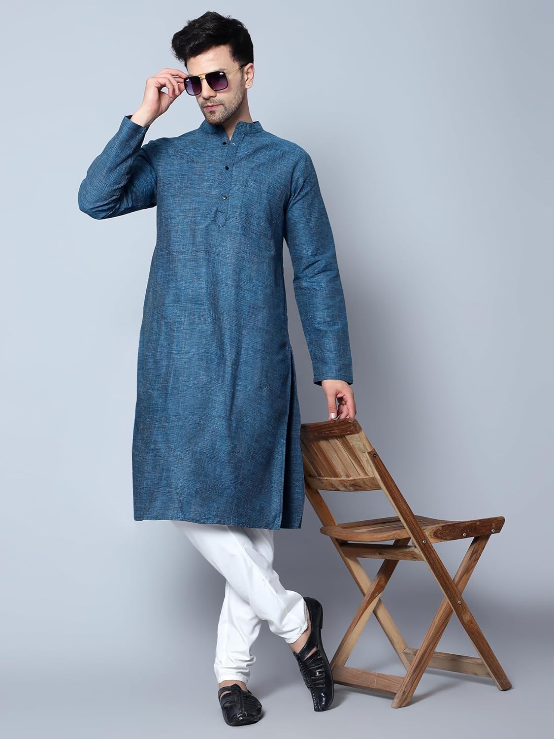 Aaryavar Men's Khadi Cotton Relaxed Kurta - Teal Blue - Firozi Color