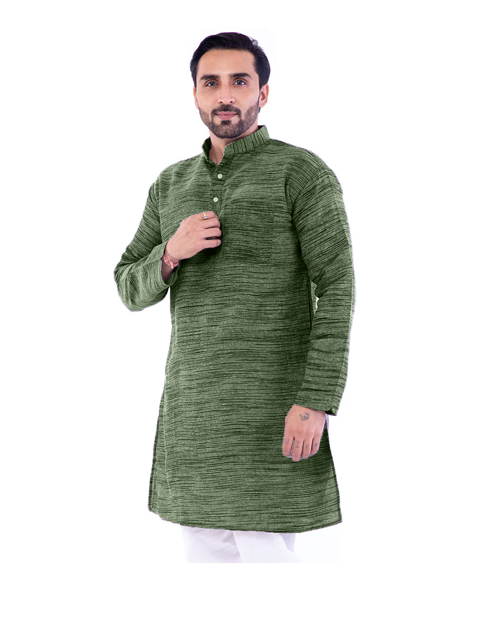 Aaryavar Men's Khadi Cotton Relaxed Kurta - Dark Green Color