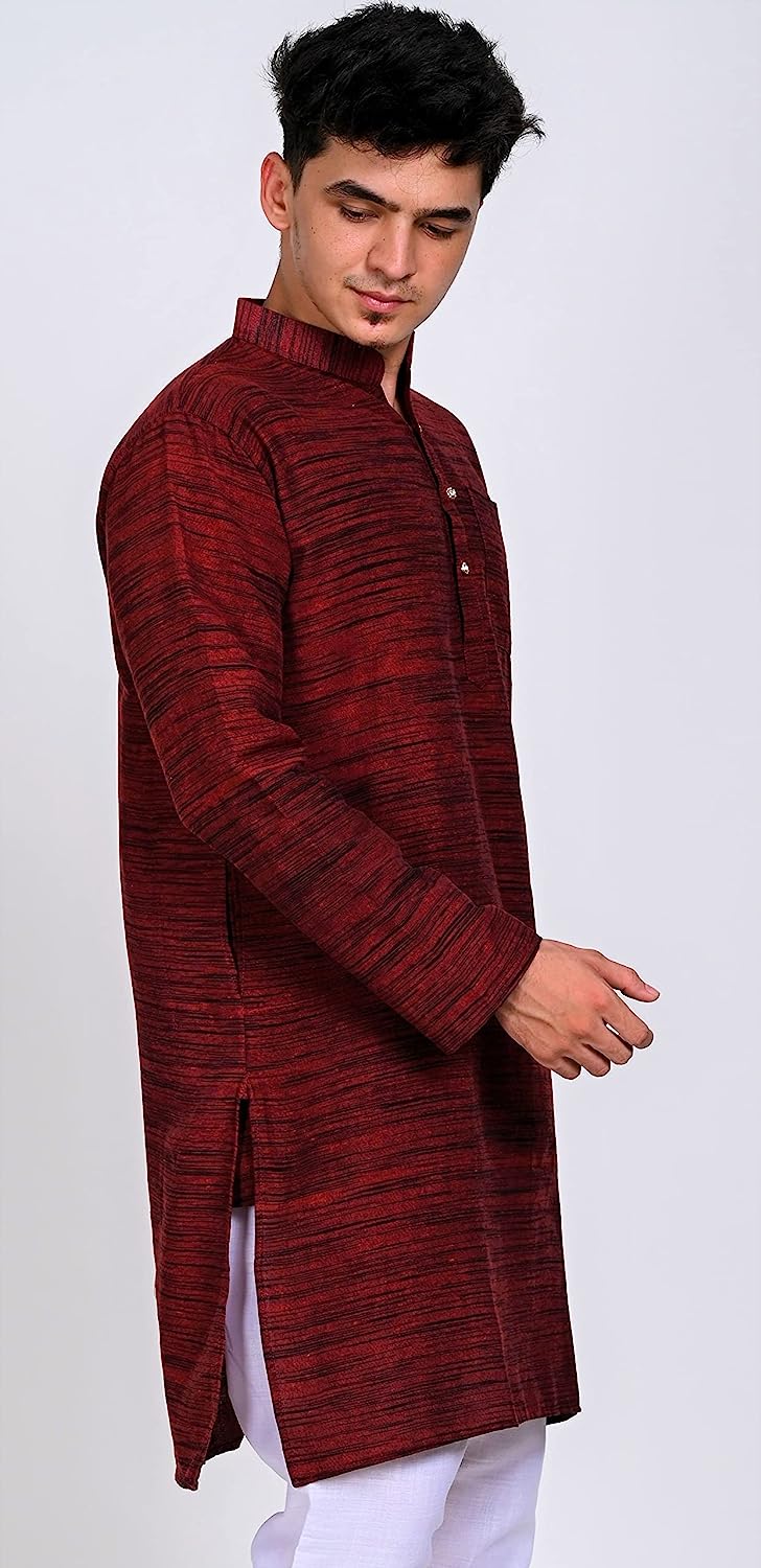 Aaryavar Men's Khadi Cotton Relaxed Kurta - Maroon Color