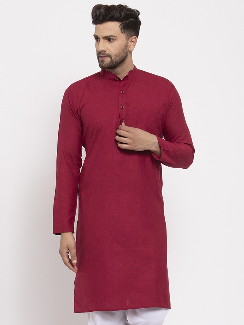 Aaryavar Men's Khadi Cotton Relaxed Kurta - Solid - Maroon Color