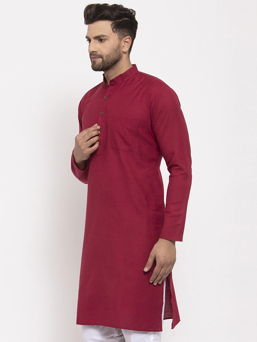 Aaryavar Men's Khadi Cotton Relaxed Kurta - Solid - Maroon Color