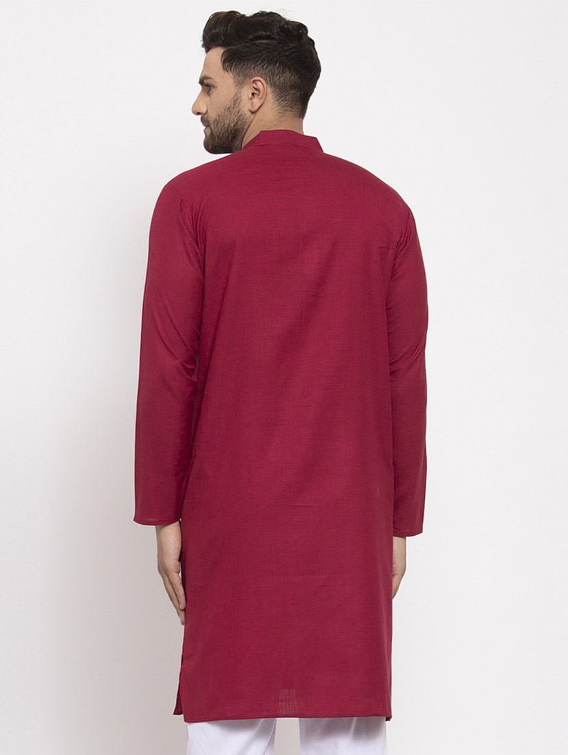 Aaryavar Men's Khadi Cotton Relaxed Kurta - Solid - Maroon Color