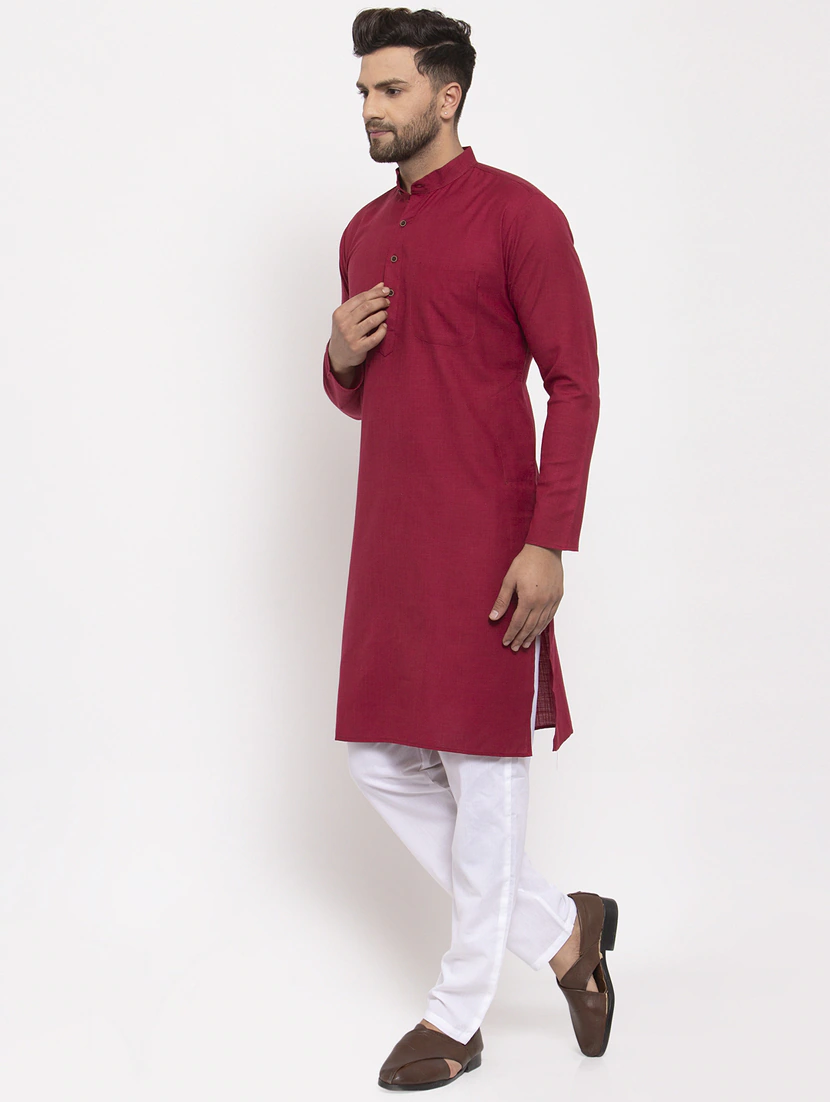 Aaryavar Men's Khadi Cotton Relaxed Kurta - Solid - Maroon Color