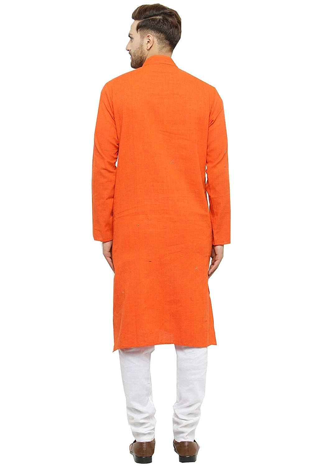 Aaryavar Men's Khadi Cotton Relaxed Kurta for Puja Temple Function - Saffron Orange Color