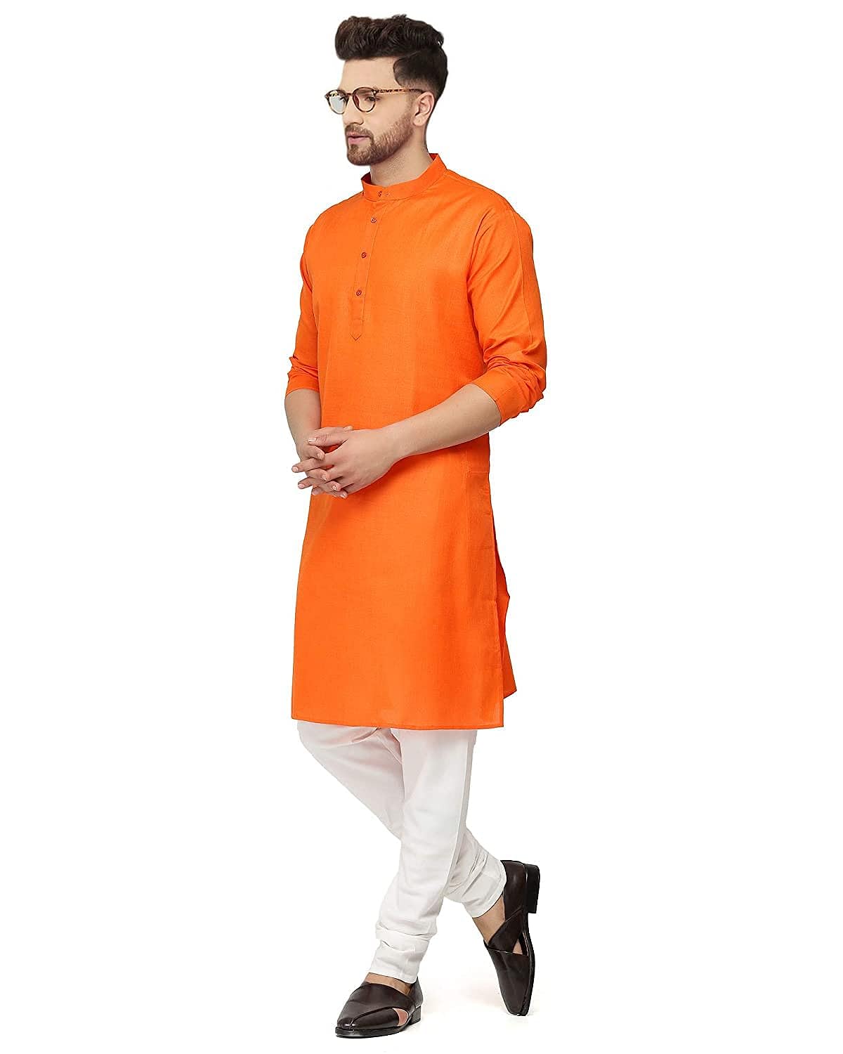 Aaryavar Men's Khadi Cotton Relaxed Kurta for Puja Temple Function - Saffron Orange Color