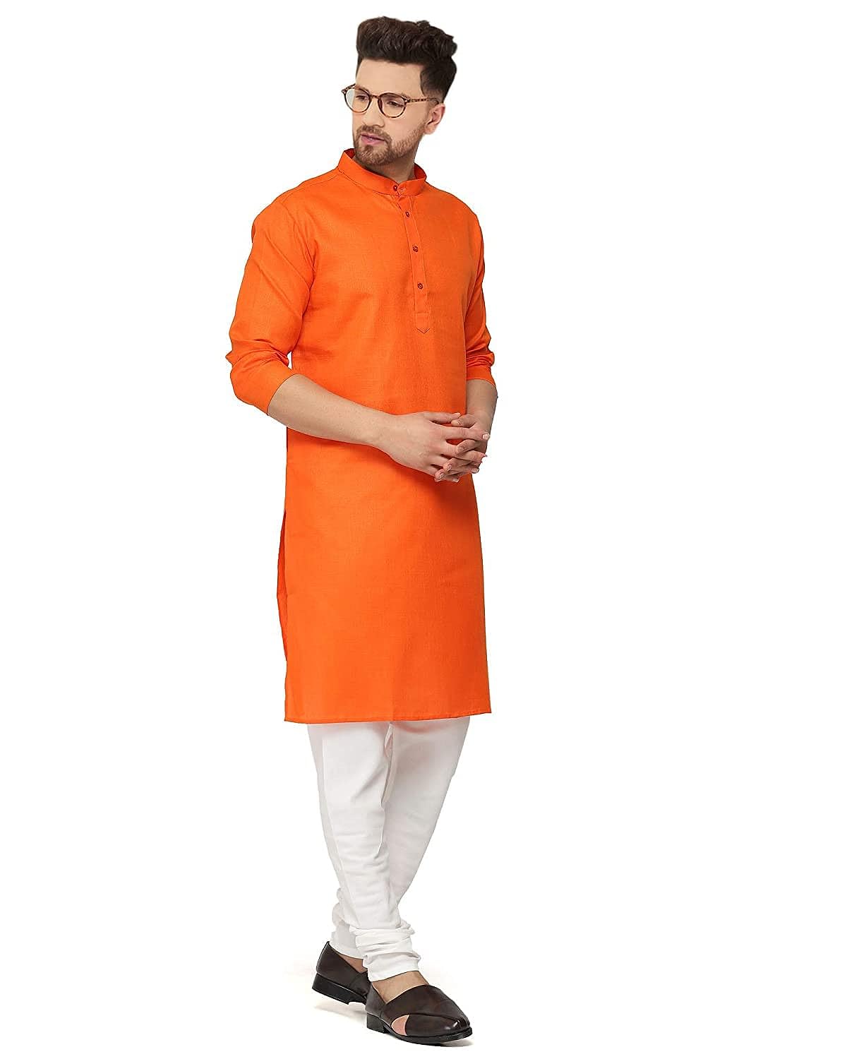 Aaryavar Men's Khadi Cotton Relaxed Kurta for Puja Temple Function - Saffron Orange Color