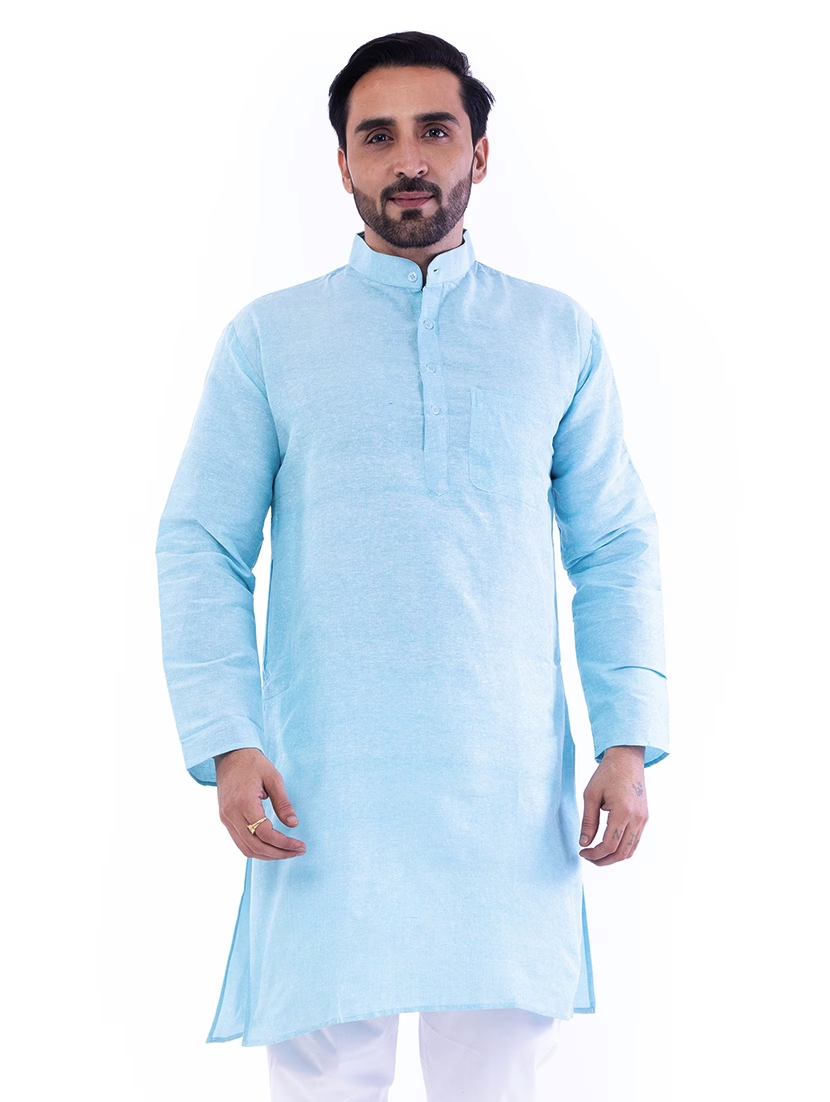 Aaryavar Men's Khadi Cotton Relaxed Kurta - Sky Blue Color