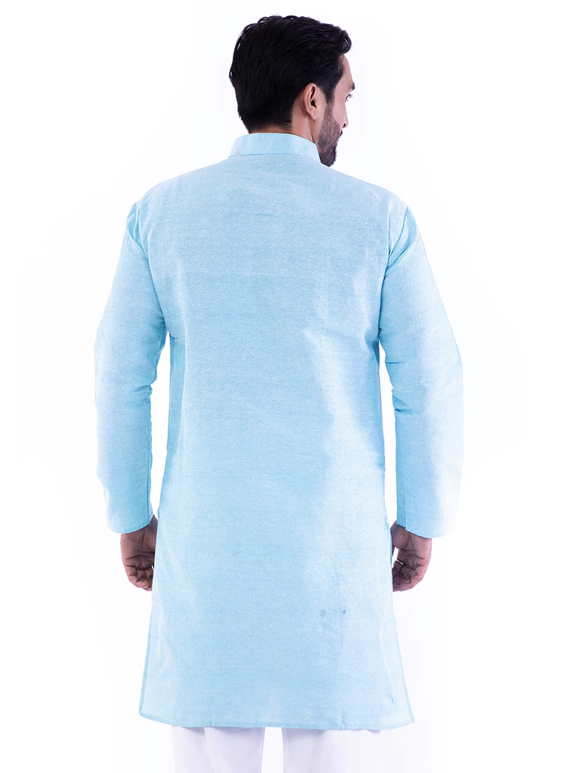 Aaryavar Men's Khadi Cotton Relaxed Kurta - Sky Blue Color