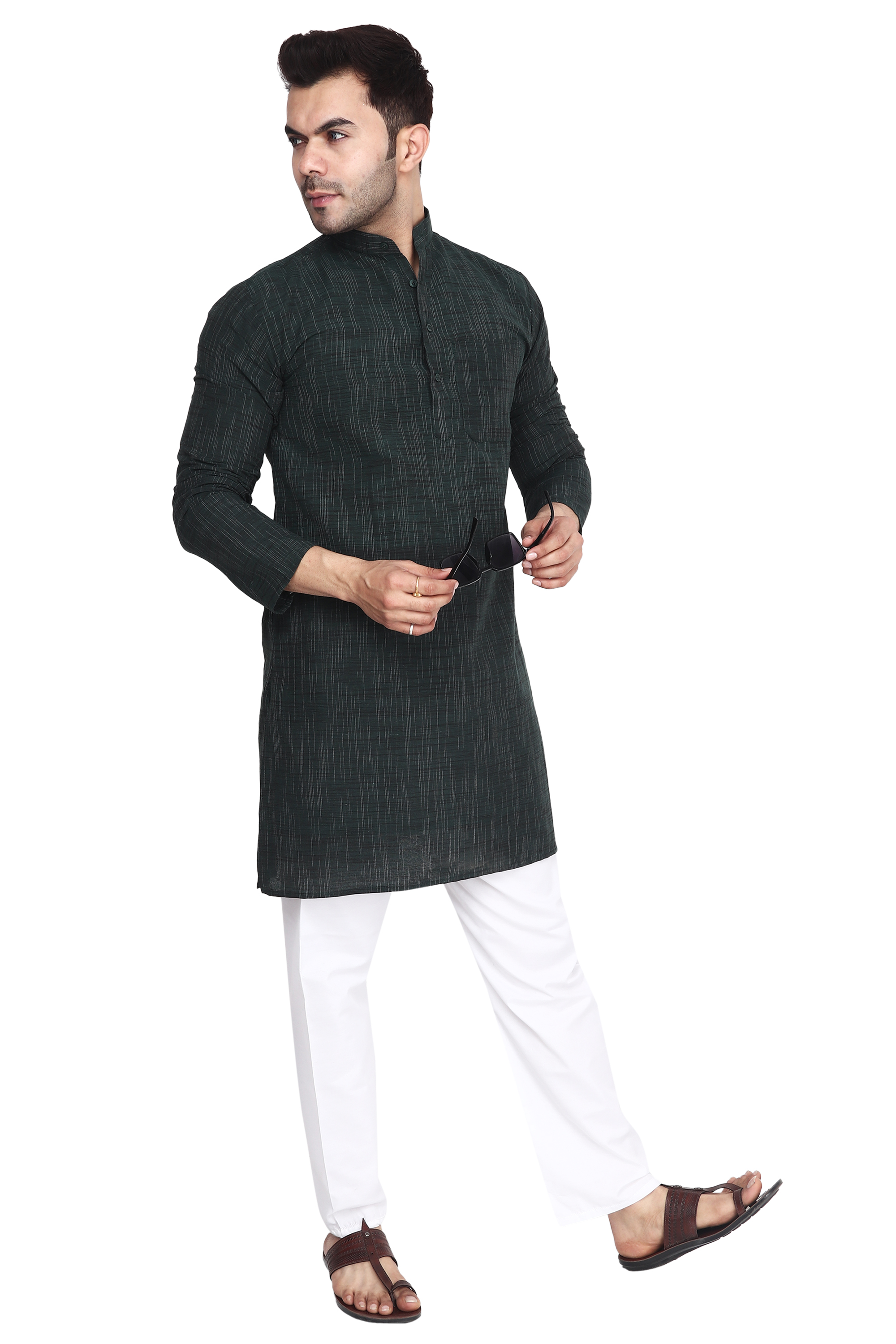 Aaryavar Men's Khadi Cotton - Bottle Green - Kurta Pyjama Set