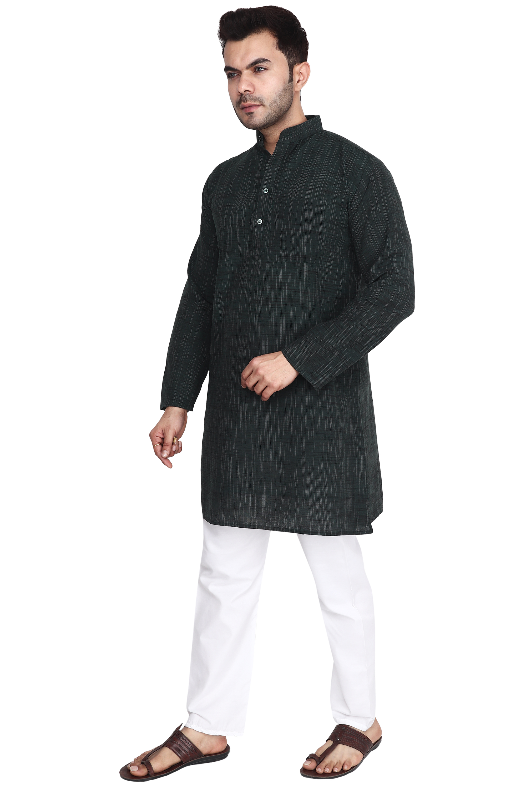 Aaryavar Men's Khadi Cotton - Bottle Green - Kurta Pyjama Set