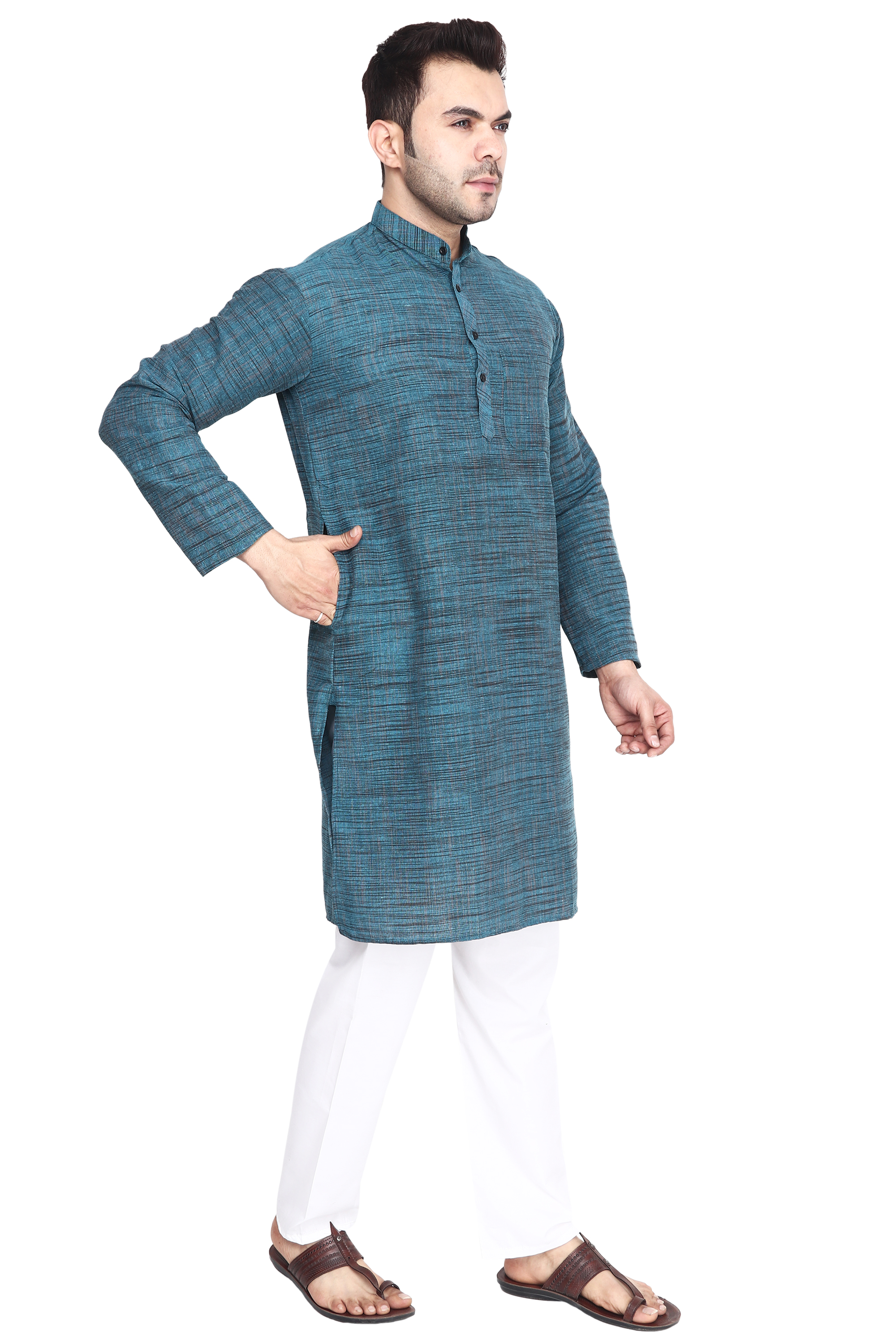 Aaryavar Men's Khadi Cotton - Turkish Blue - Kurta Pyjama Set