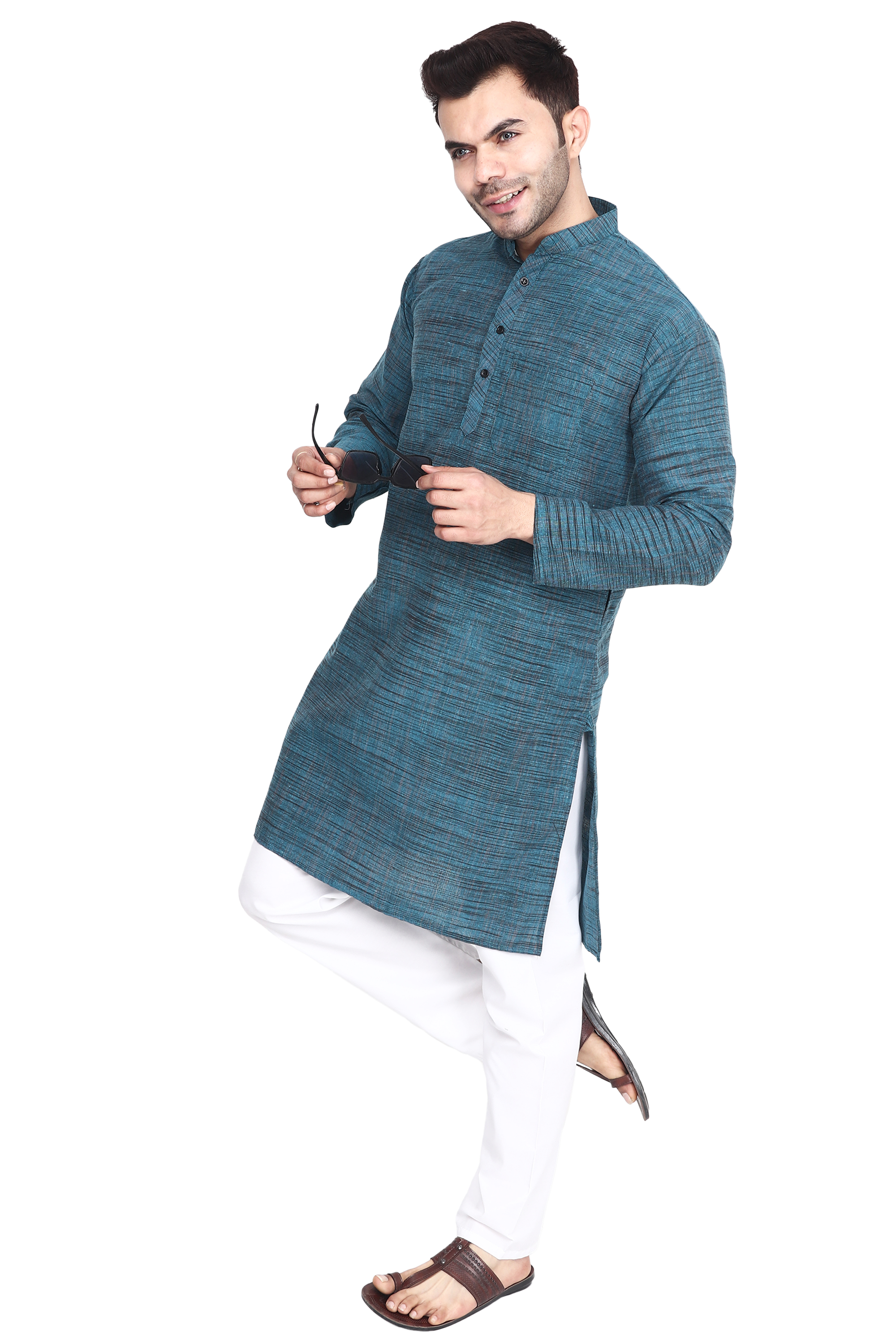 Aaryavar Men's Khadi Cotton - Turkish Blue - Kurta Pyjama Set