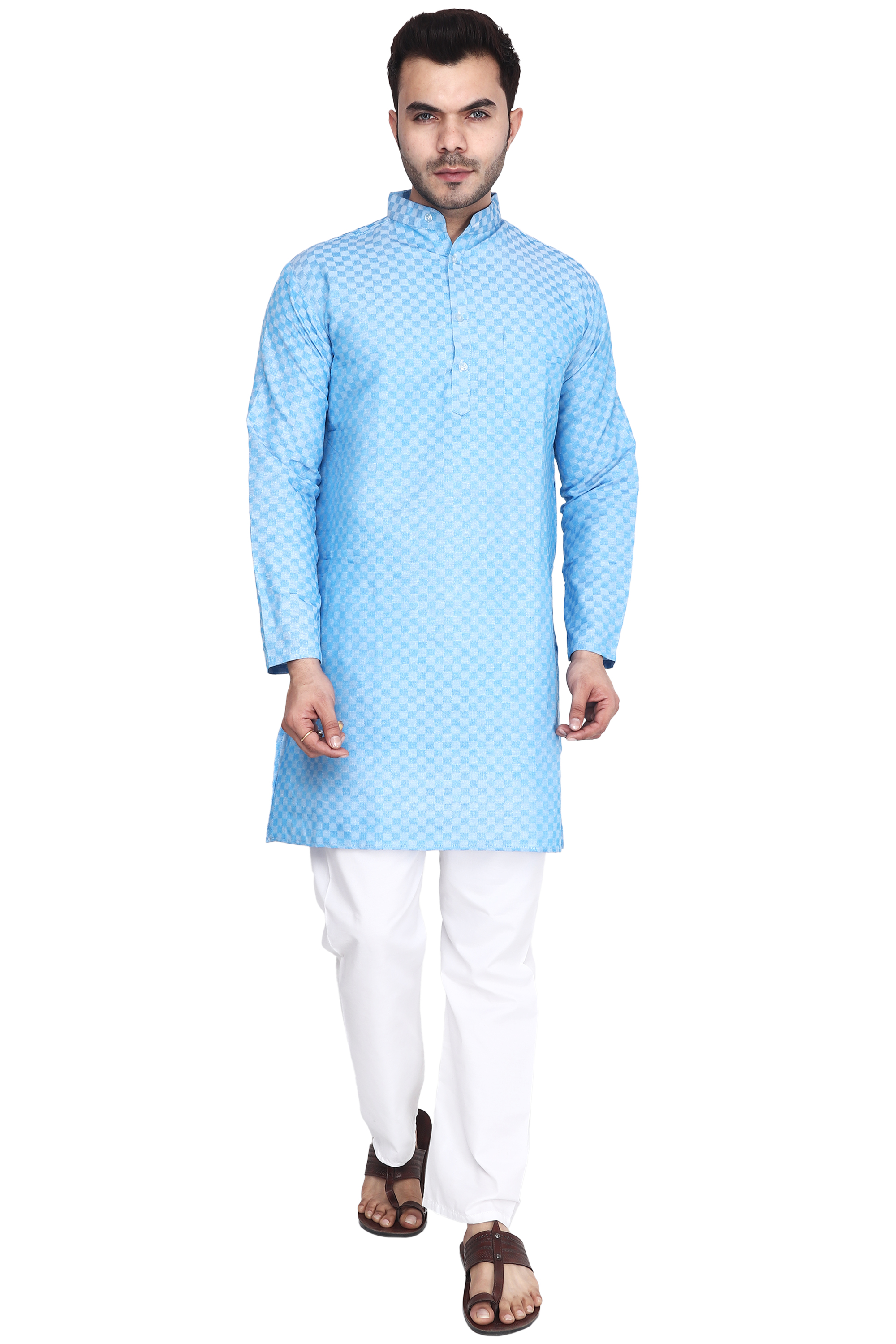 Aaryavar Men's Khadi Cotton - Chequered Sky Blue - Kurta Pyjama Set