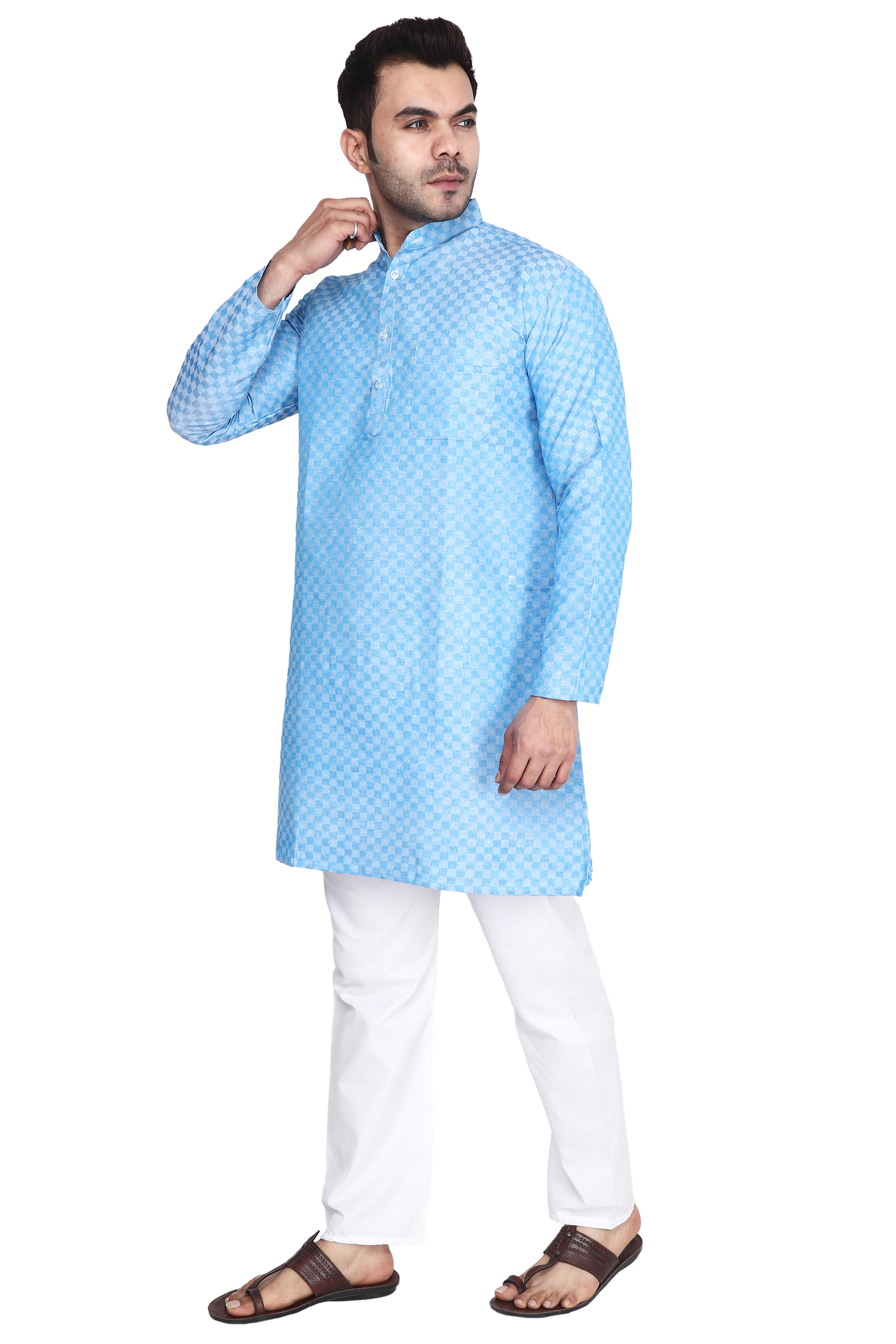 Aaryavar Men's Khadi Cotton - Chequered Sky Blue - Kurta Pyjama Set