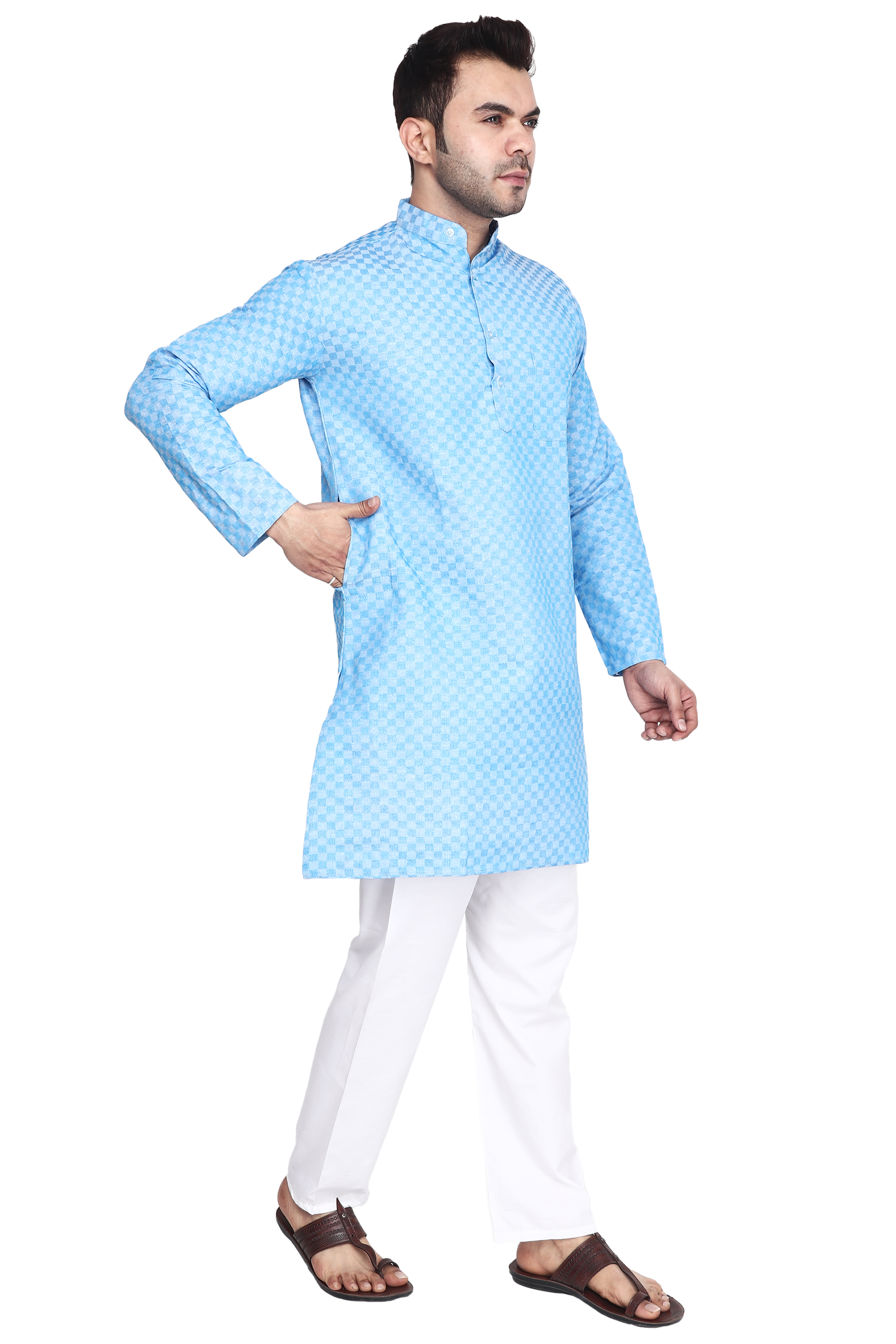 Aaryavar Men's Khadi Cotton - Chequered Sky Blue - Kurta Pyjama Set