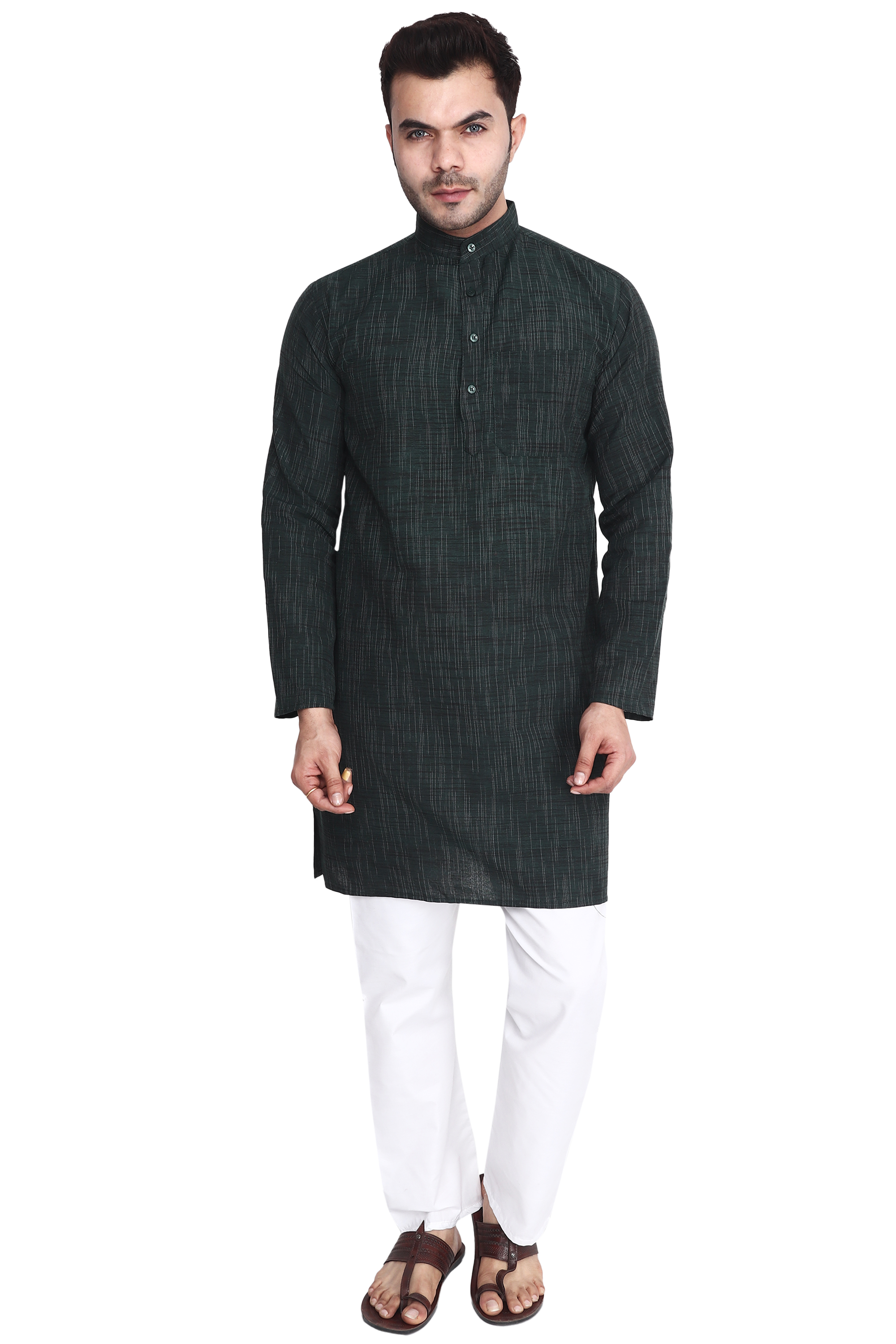 Aaryavar Men's Khadi Cotton Relaxed Kurta - Bottle Green Color