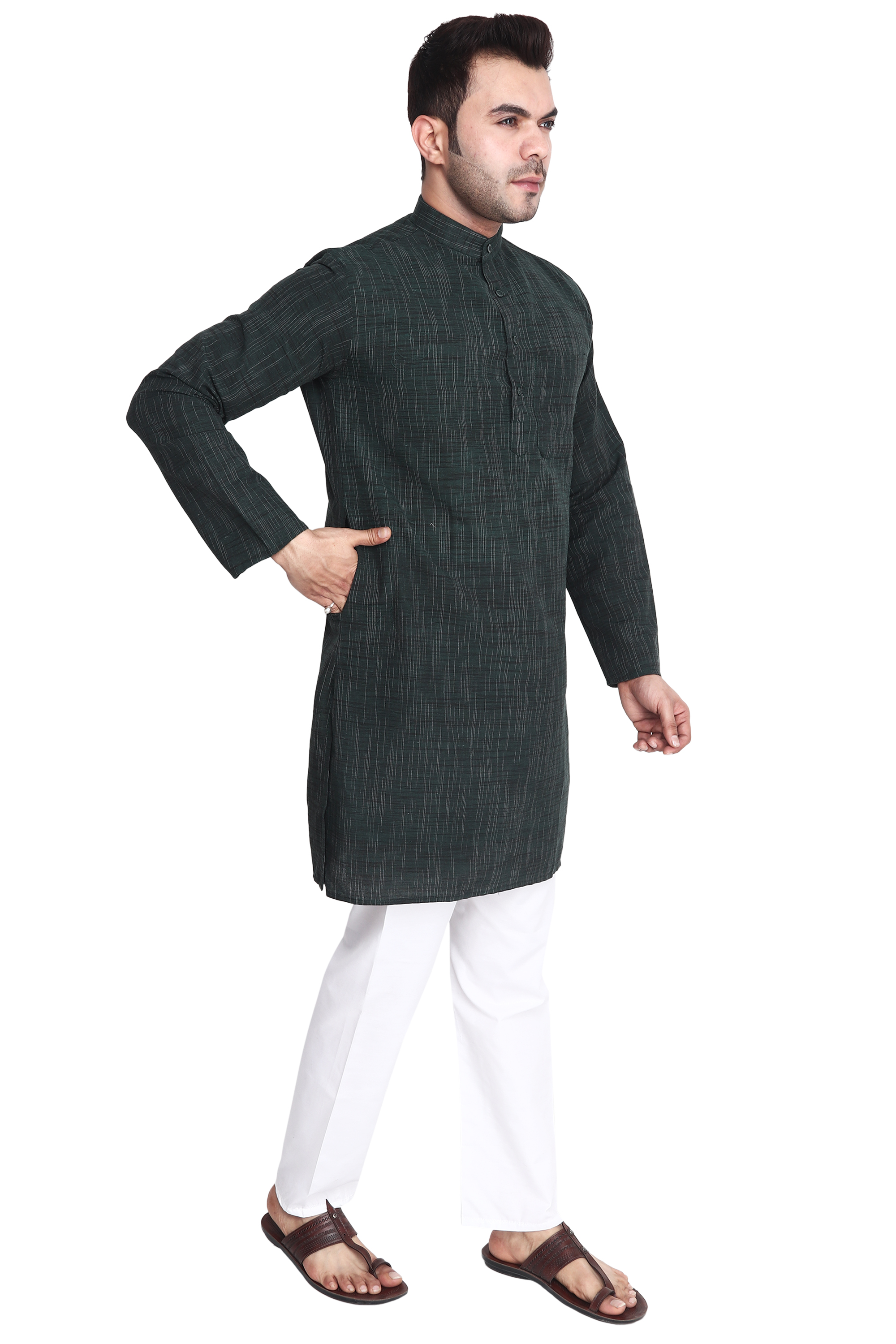 Aaryavar Men's Khadi Cotton Relaxed Kurta - Bottle Green Color