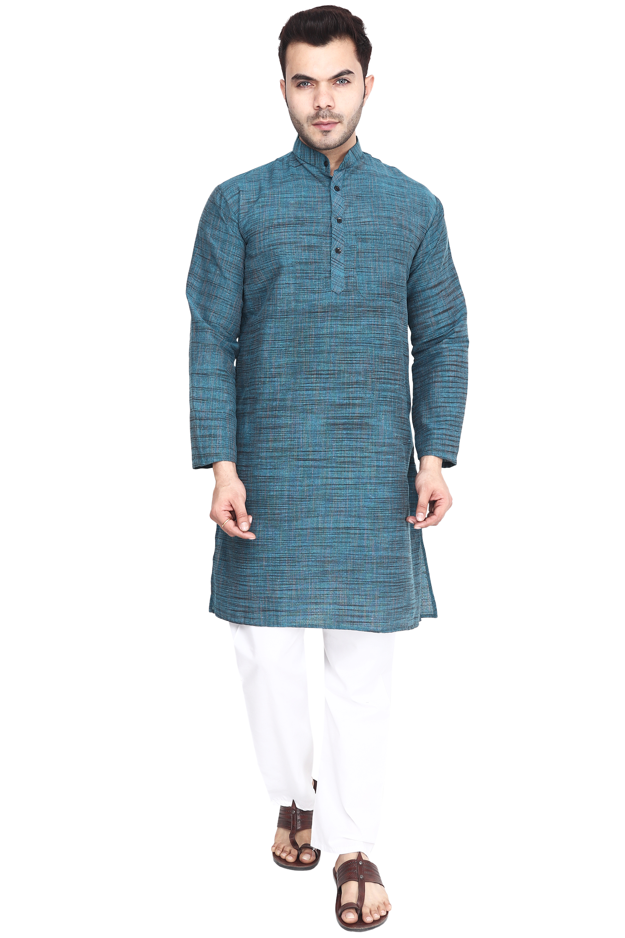 Aaryavar Men's Khadi Cotton Relaxed Kurta - Turkish Blue Color