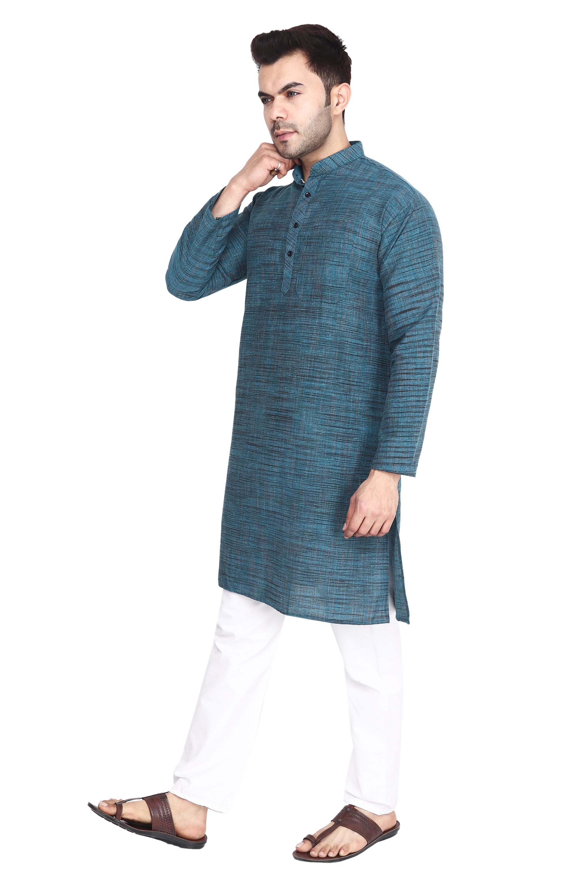 Aaryavar Men's Khadi Cotton Relaxed Kurta - Turkish Blue Color