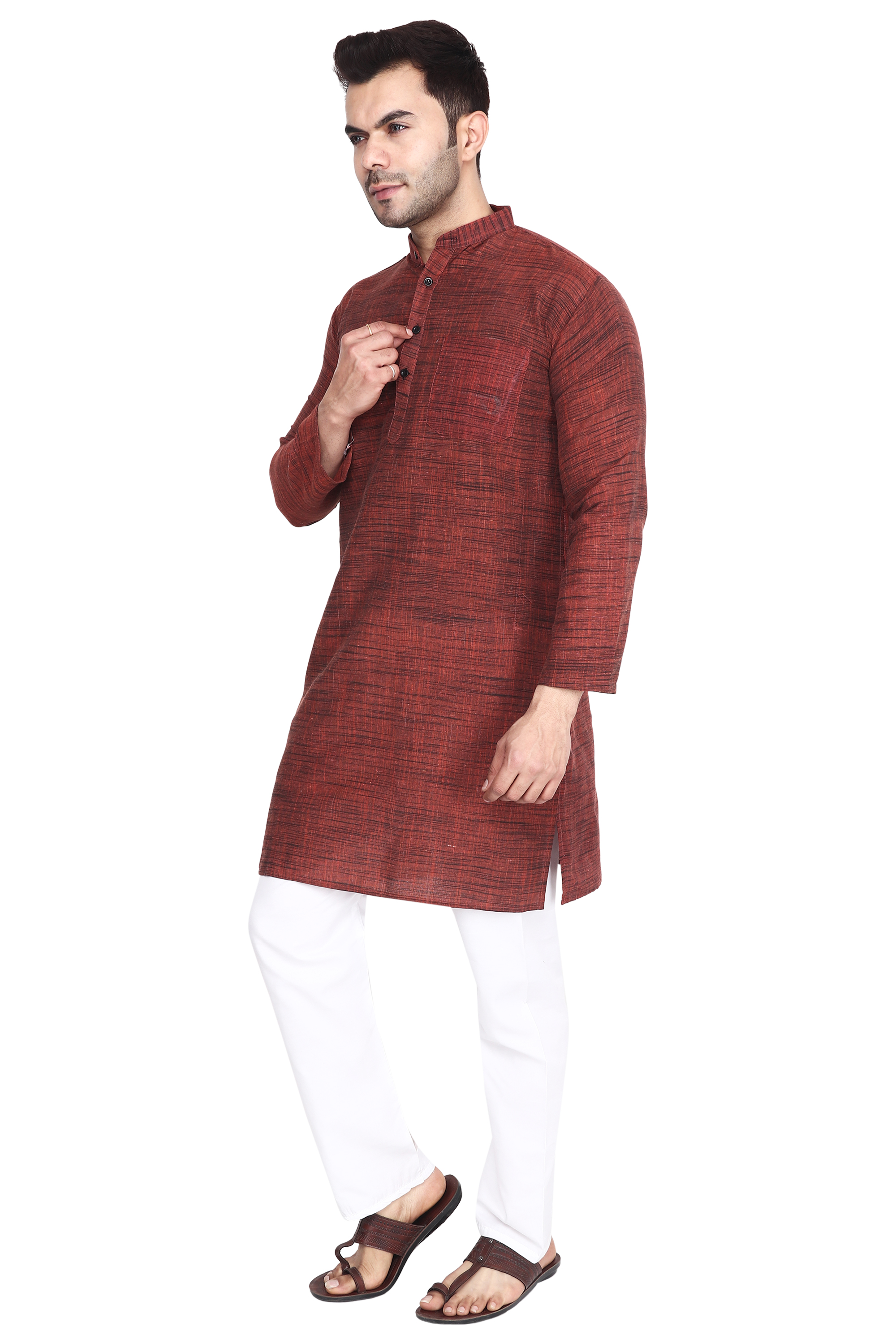 Aaryavar Men's Khadi Cotton Relaxed Kurta - Rustic Brown Color