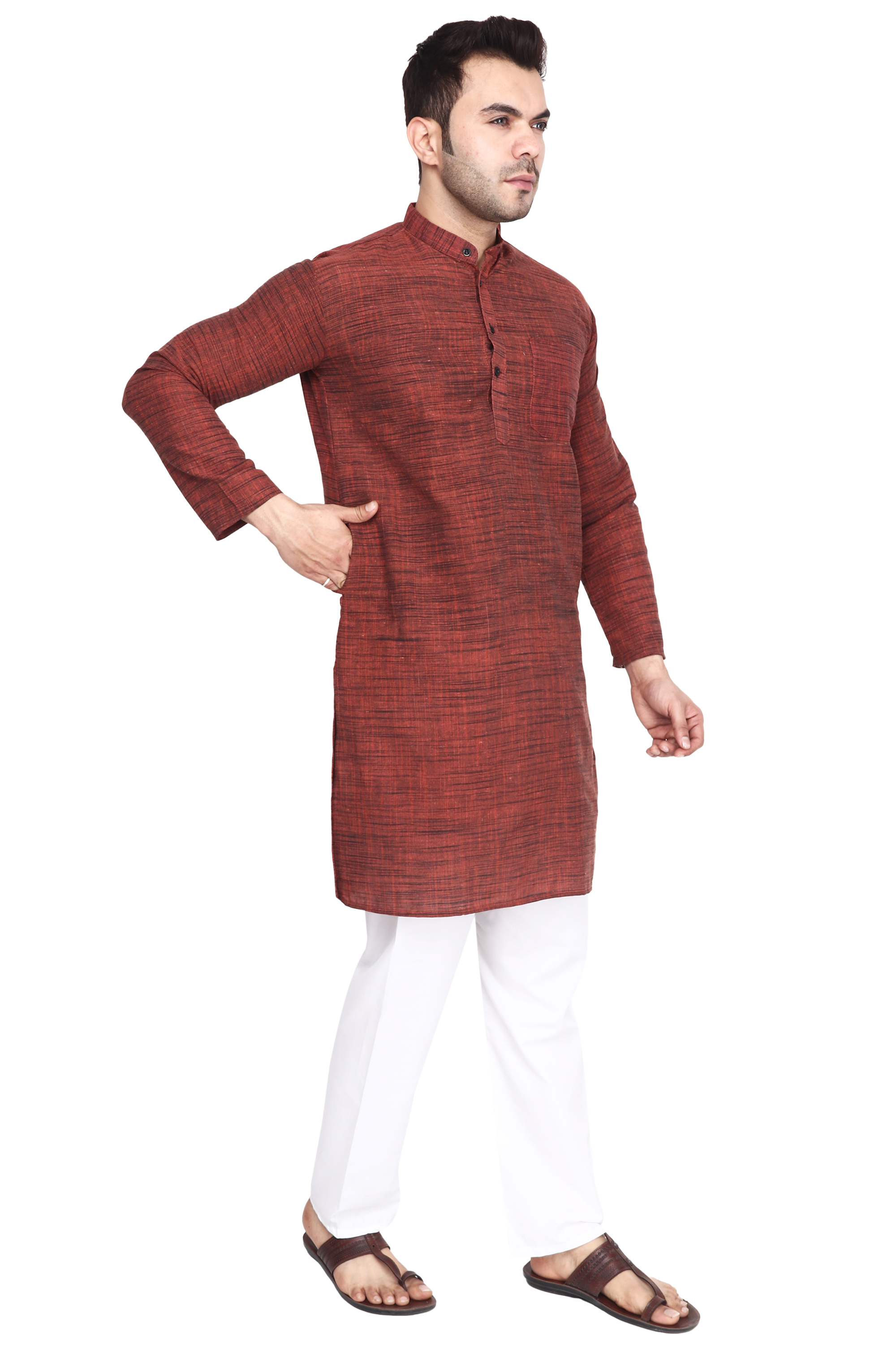 Aaryavar Men's Khadi Cotton Relaxed Kurta - Rustic Brown Color
