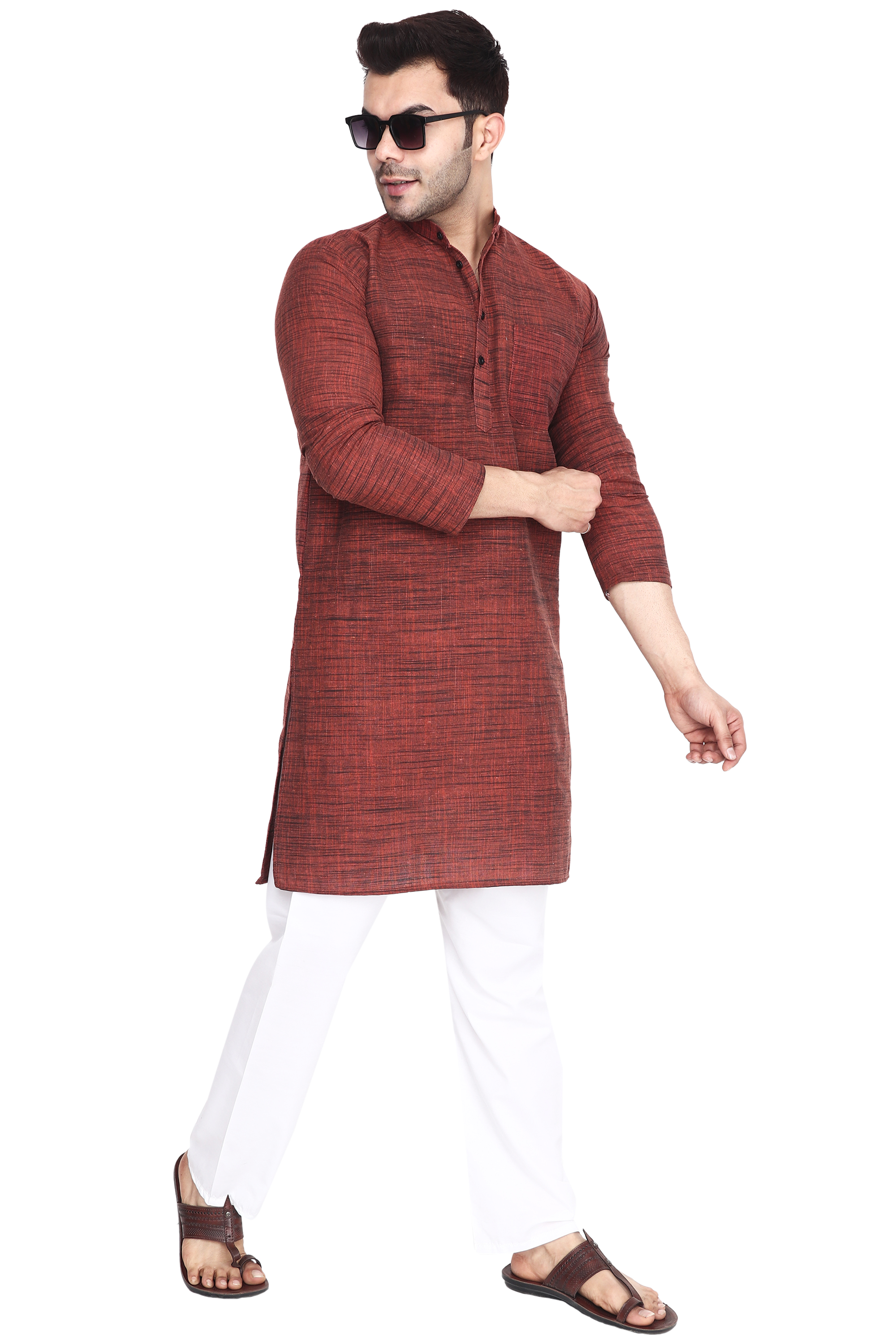 Aaryavar Men's Khadi Cotton Relaxed Kurta - Rustic Brown Color
