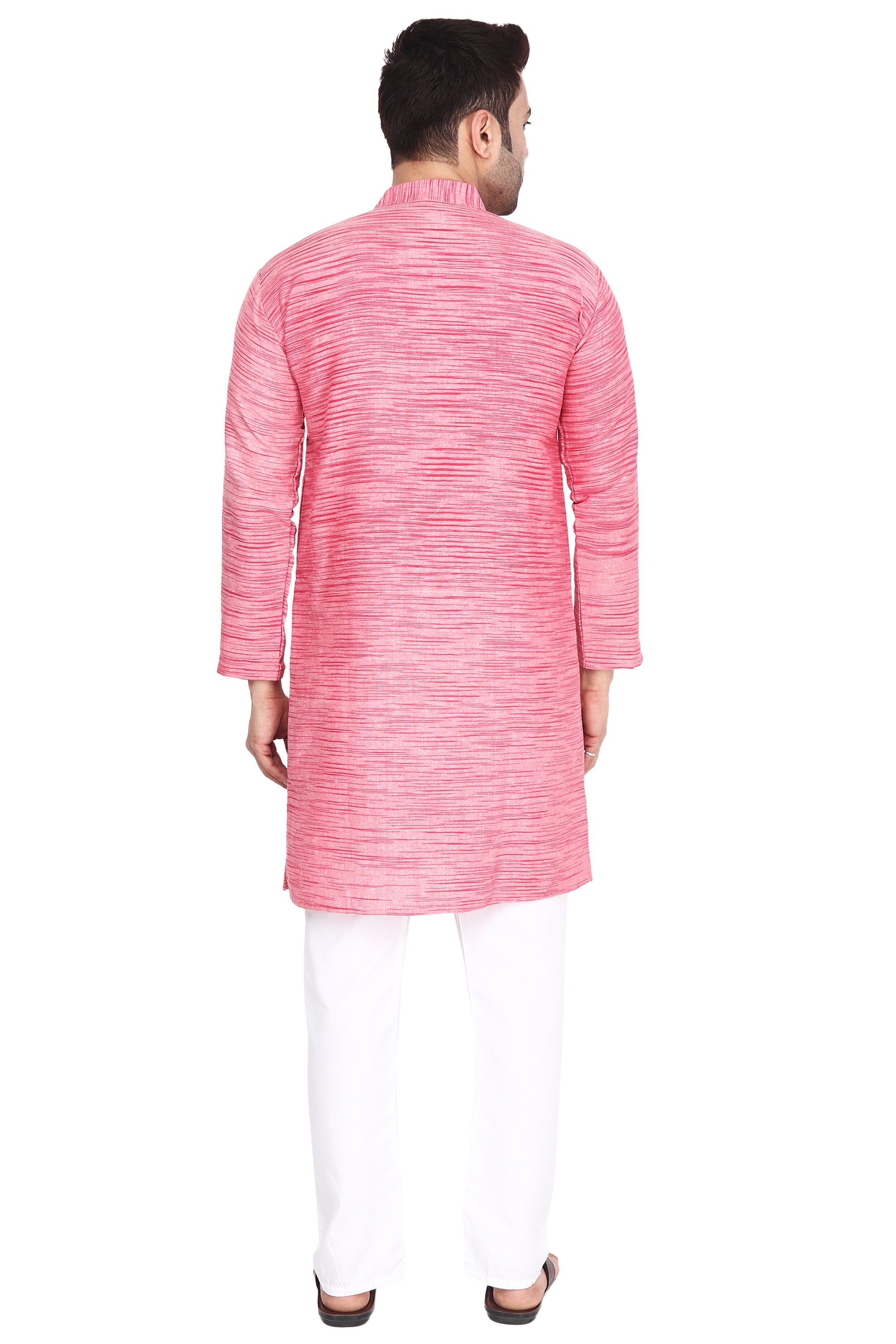 Aaryavar Men's Khadi Cotton Relaxed Kurta - Flamingo Pink Color