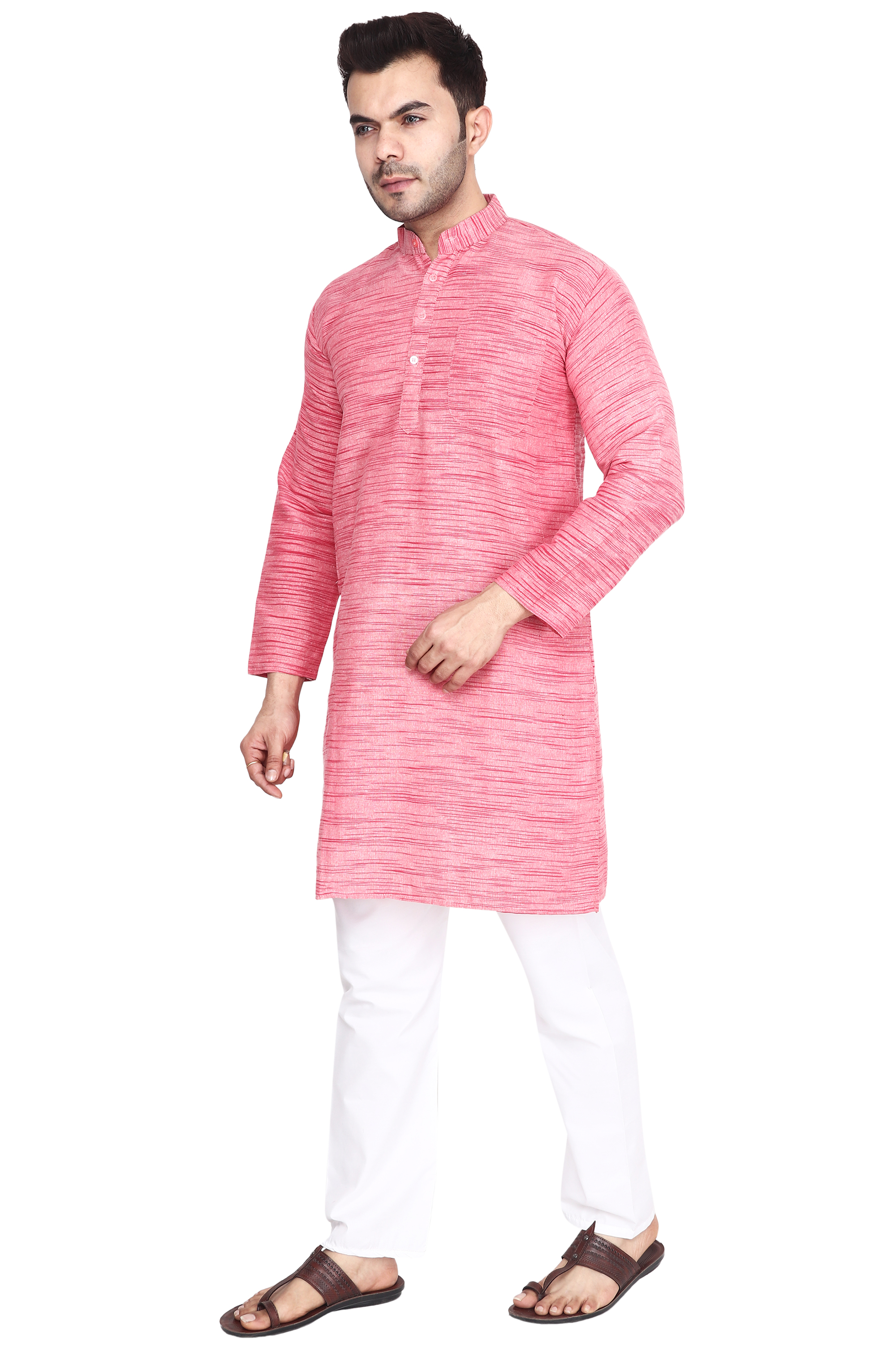 Aaryavar Men's Khadi Cotton Relaxed Kurta - Flamingo Pink Color