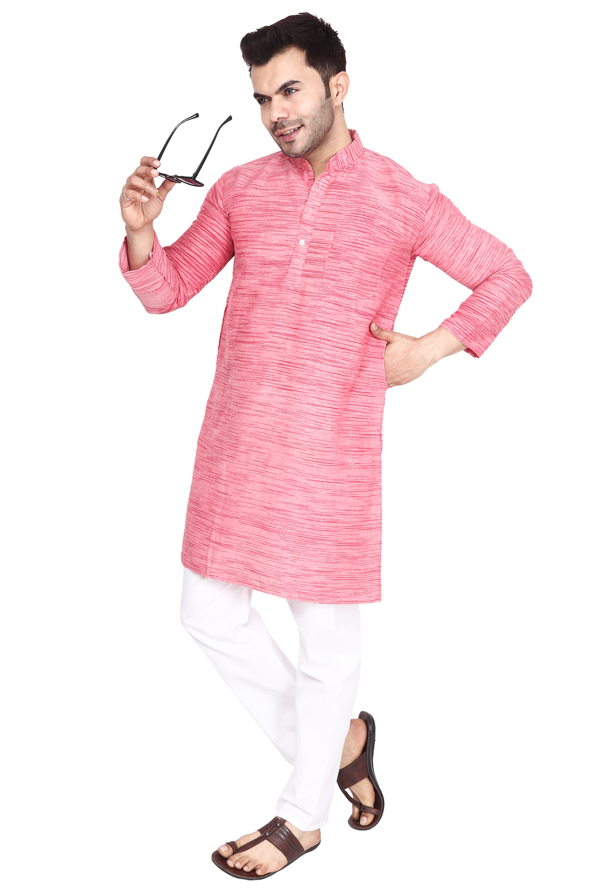 Aaryavar Men's Khadi Cotton Relaxed Kurta - Flamingo Pink Color