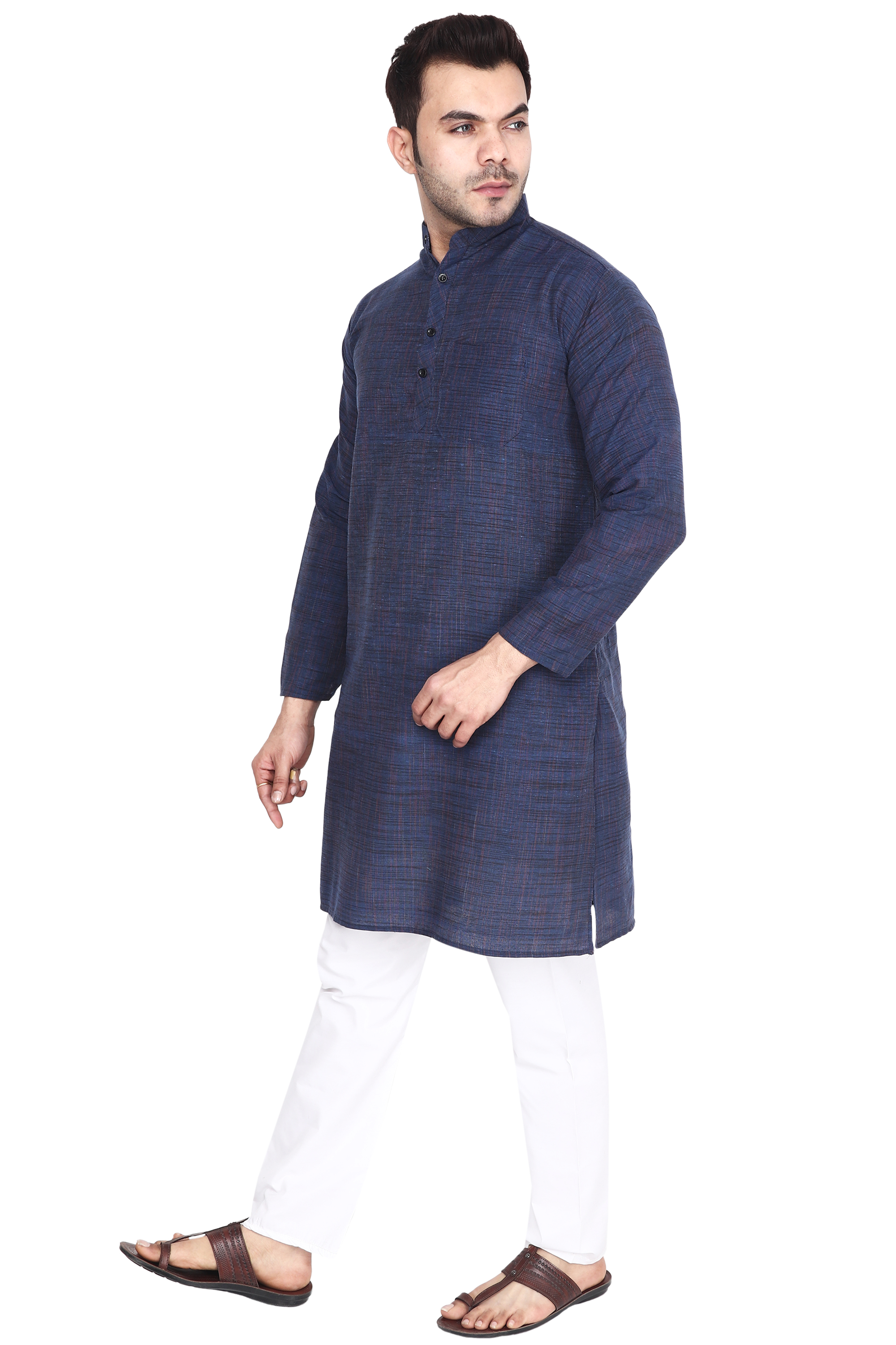 Aaryavar Men's Khadi Cotton Relaxed Kurta - Indigo Blue Color