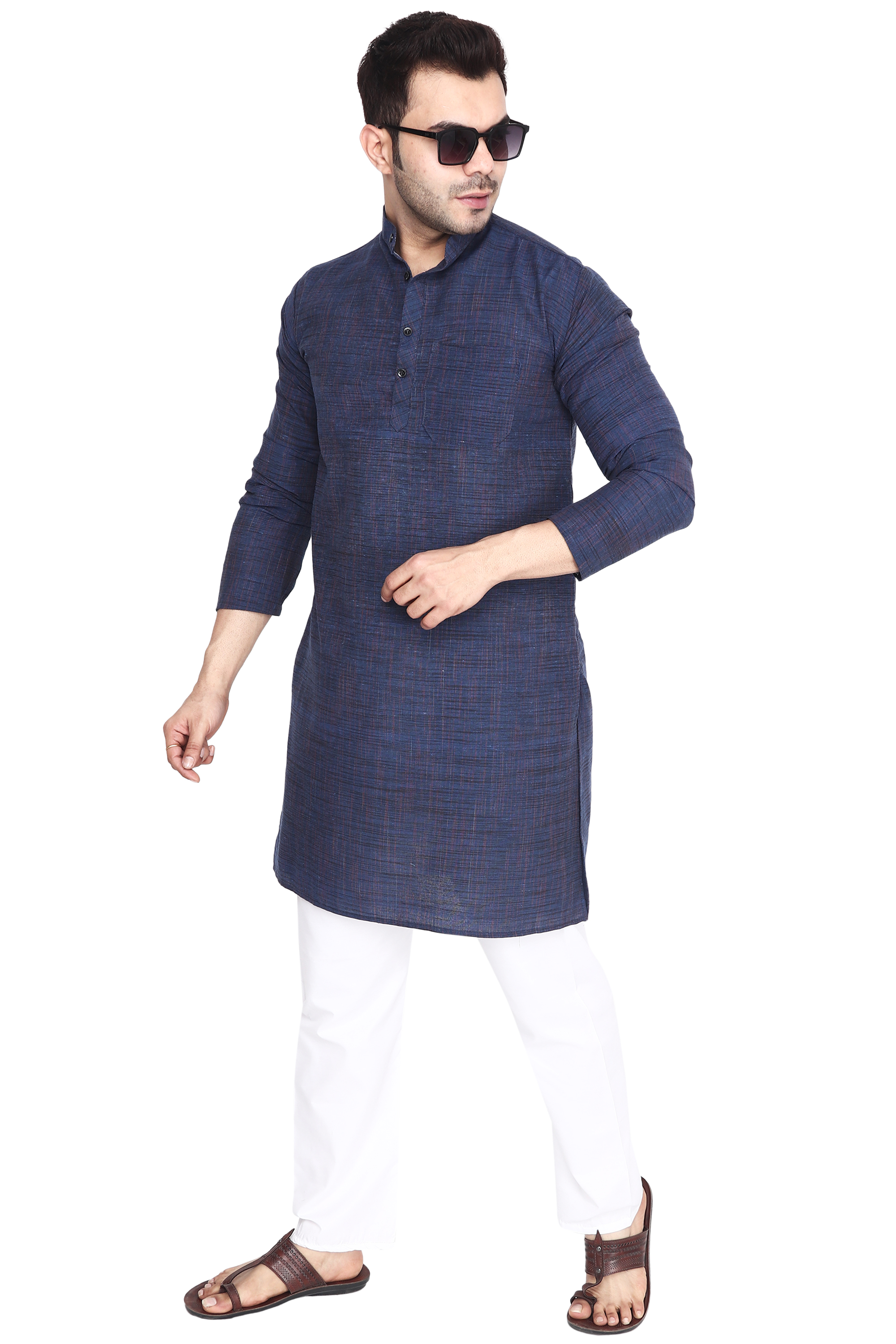 Aaryavar Men's Khadi Cotton Relaxed Kurta - Indigo Blue Color