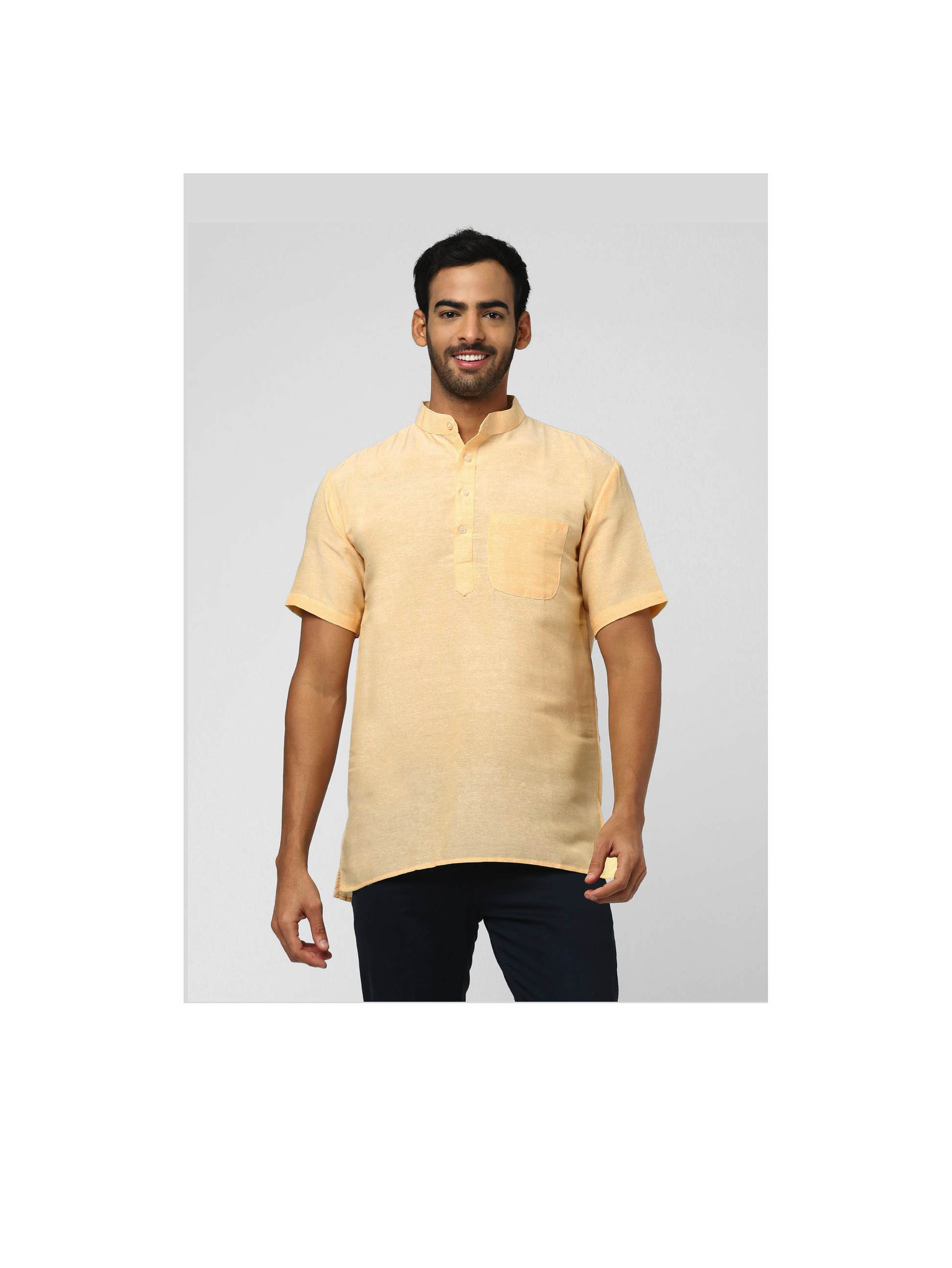 Aaryavar Men's Khadi Cotton Relaxed Short Kurta - Beige Color