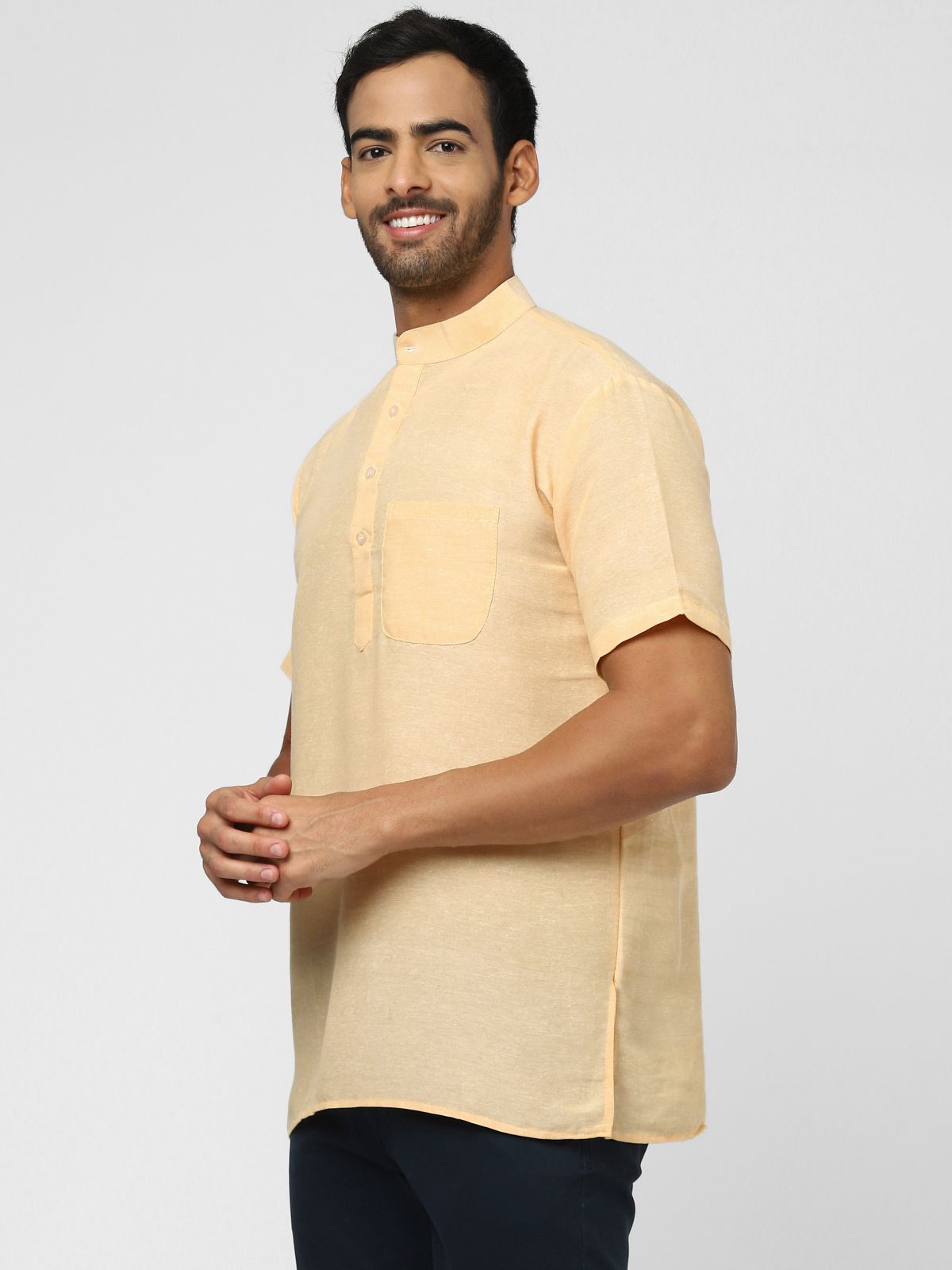 Aaryavar Men's Khadi Cotton Relaxed Short Kurta - Beige Color