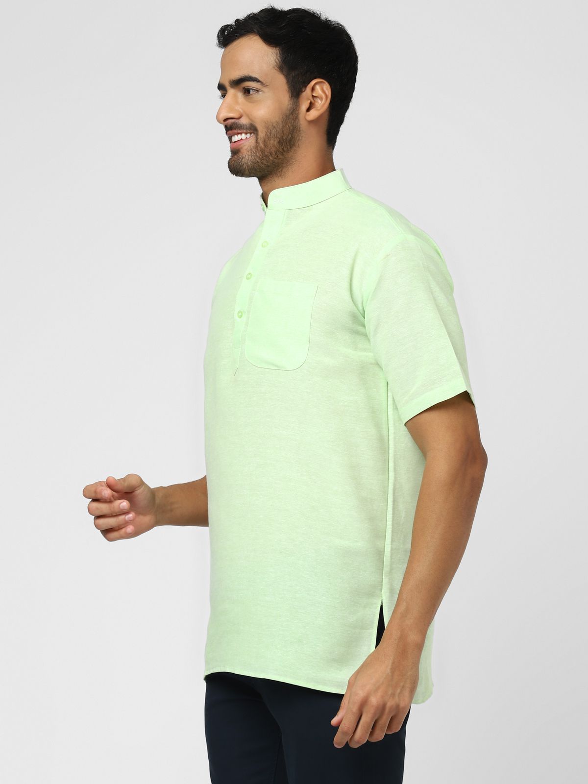 Aaryavar Men's Khadi Cotton Relaxed Short Kurta - Light Green Color