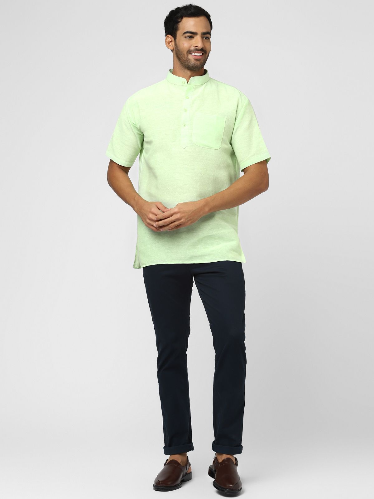 Aaryavar Men's Khadi Cotton Relaxed Short Kurta - Light Green Color