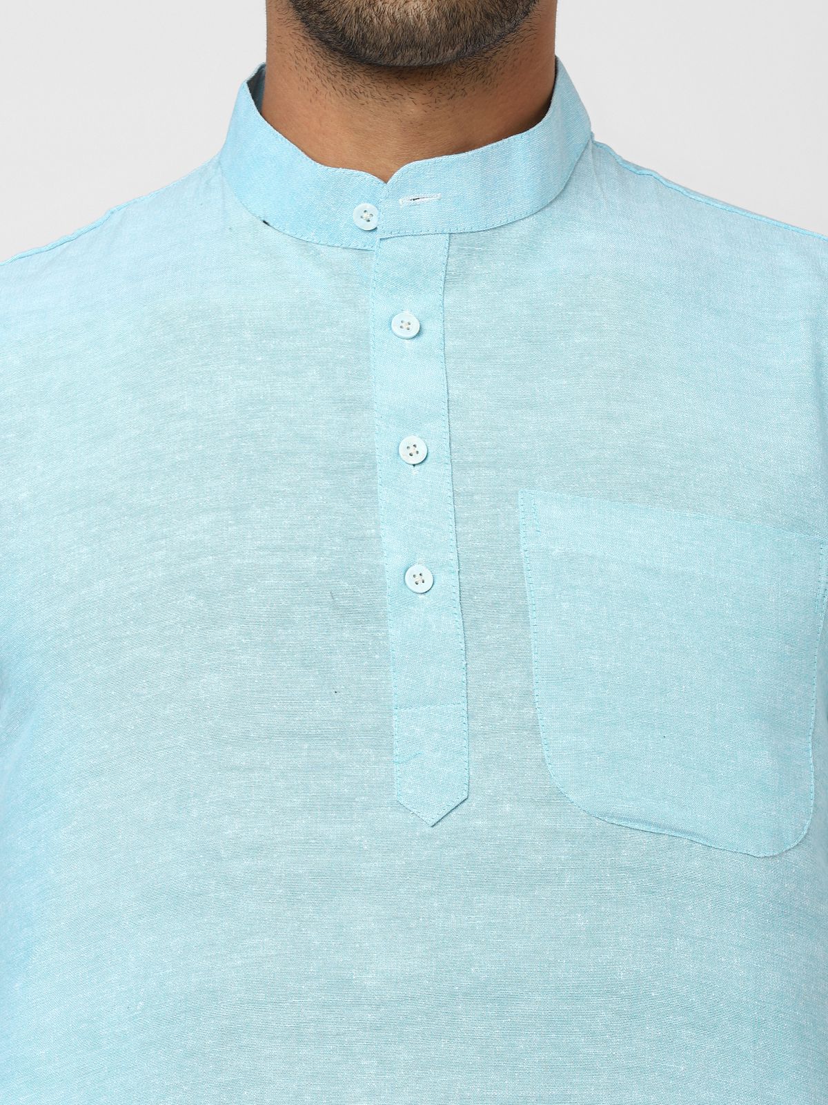 Aaryavar Men's Khadi Cotton Relaxed Short Kurta - Sky Blue Color