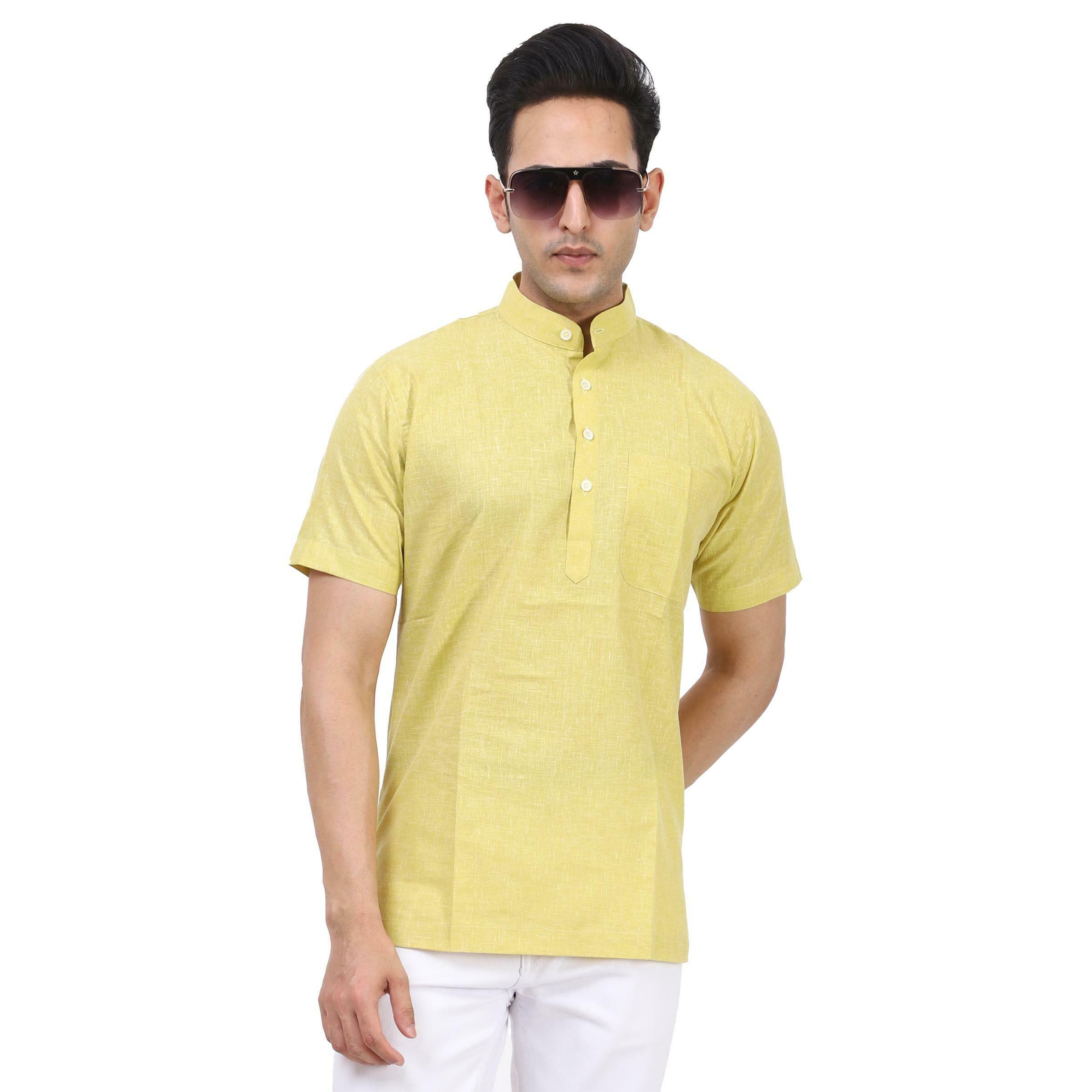 Aaryavar Men's Khadi Cotton Relaxed Short Kurta - Yellow Color