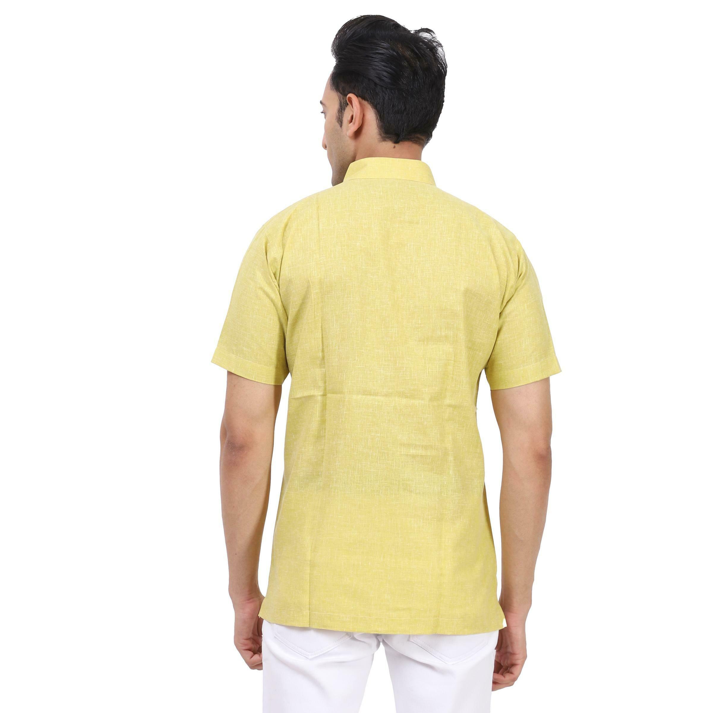 Aaryavar Men's Khadi Cotton Relaxed Short Kurta - Yellow Color