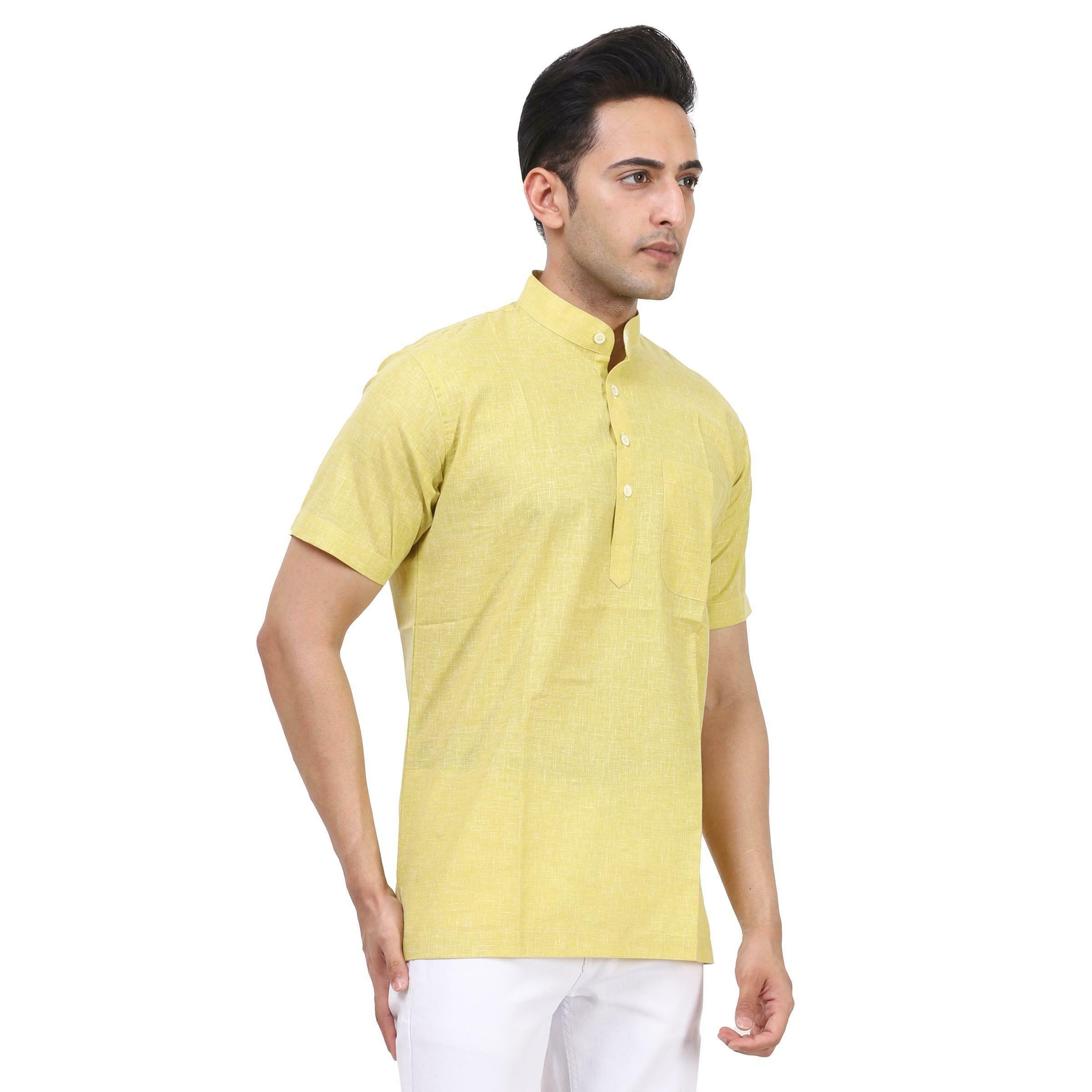 Aaryavar Men's Khadi Cotton Relaxed Short Kurta - Yellow Color