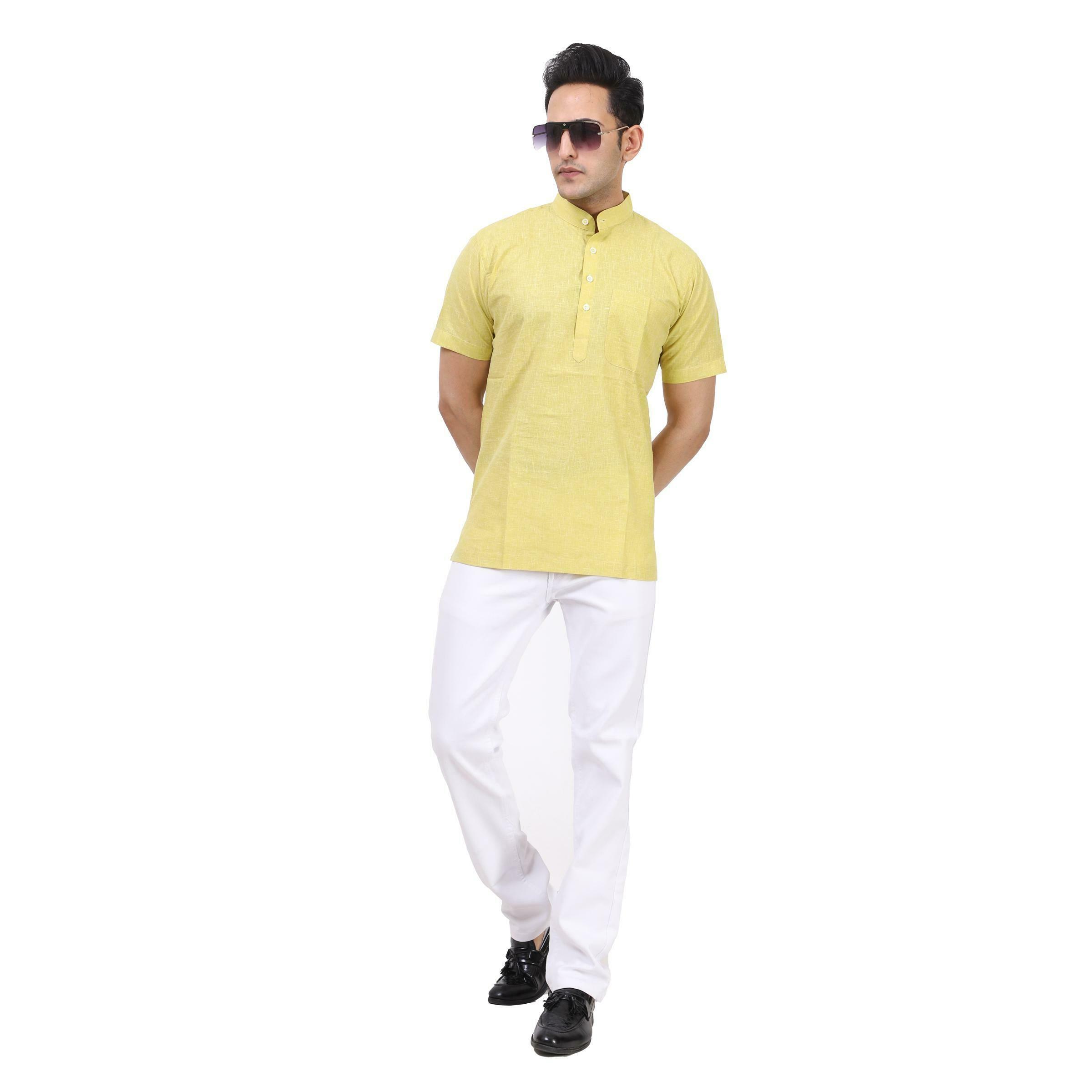 Aaryavar Men's Khadi Cotton Relaxed Short Kurta - Yellow Color