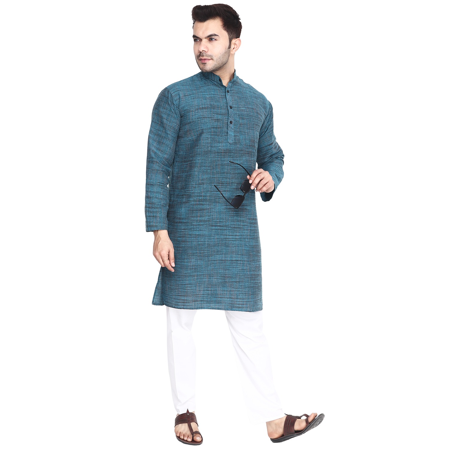 Aaryavar Men's Khadi Cotton - Turkish Blue - Kurta Pyjama Set