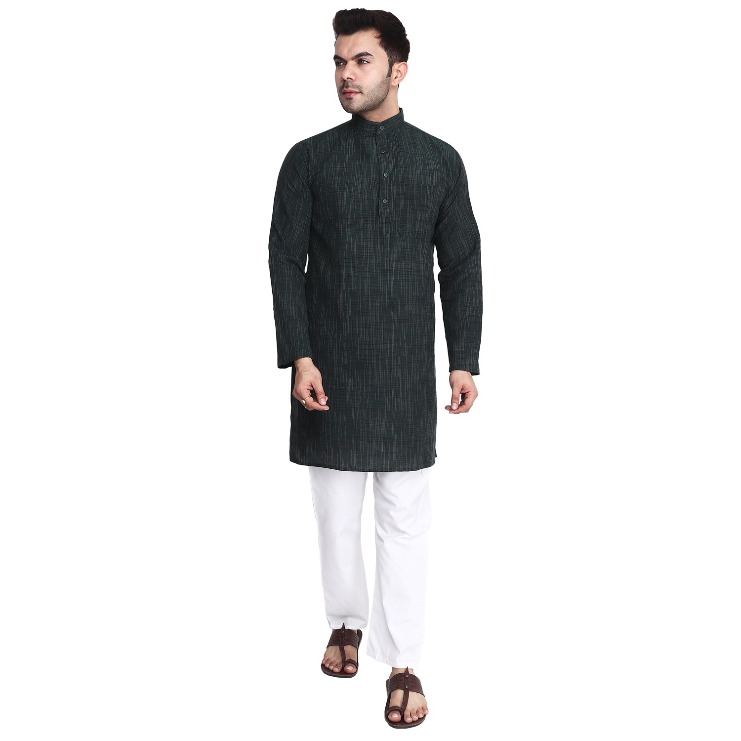 Aaryavar Men's Khadi Cotton - Bottle Green - Kurta Pyjama Set