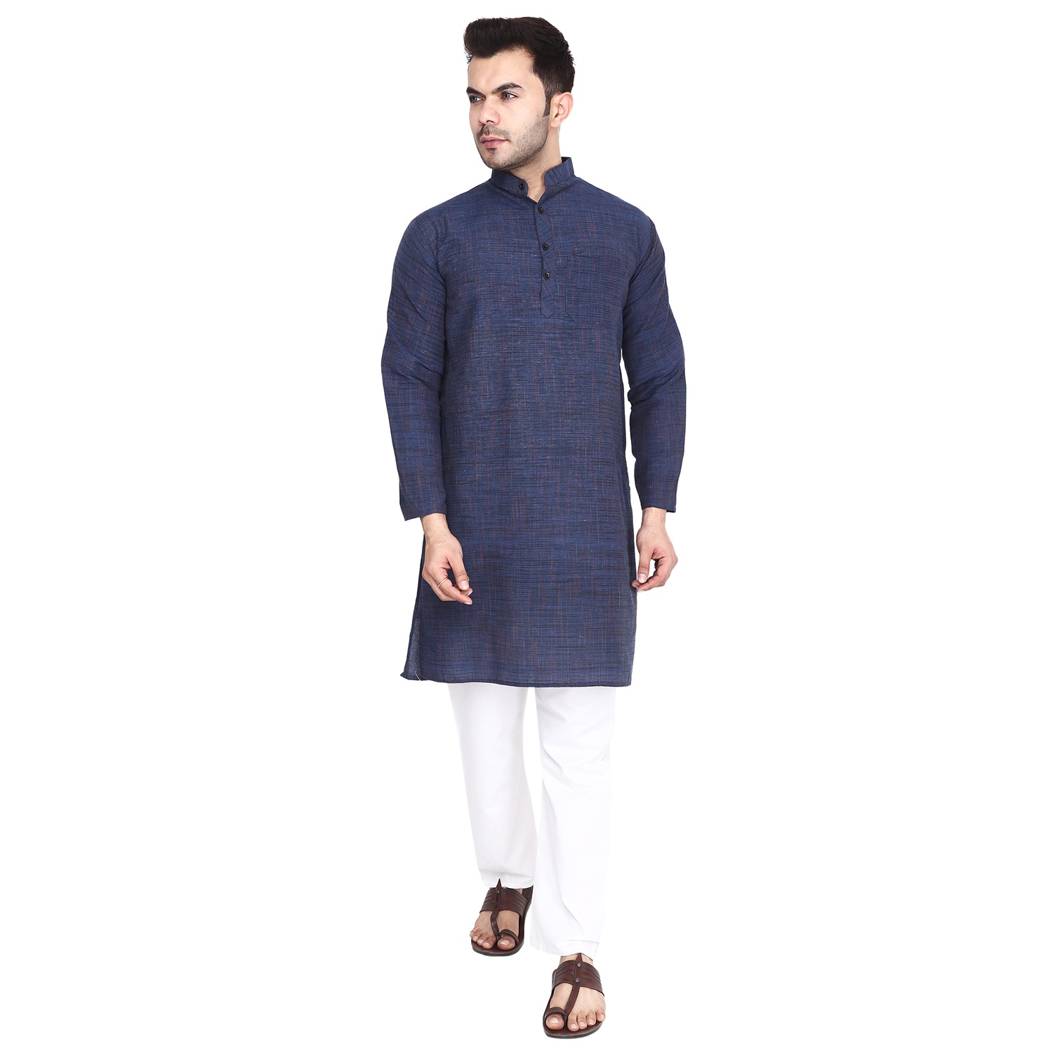 Aaryavar Men's Khadi Cotton - Indigo Blue - Kurta Pyjama Set