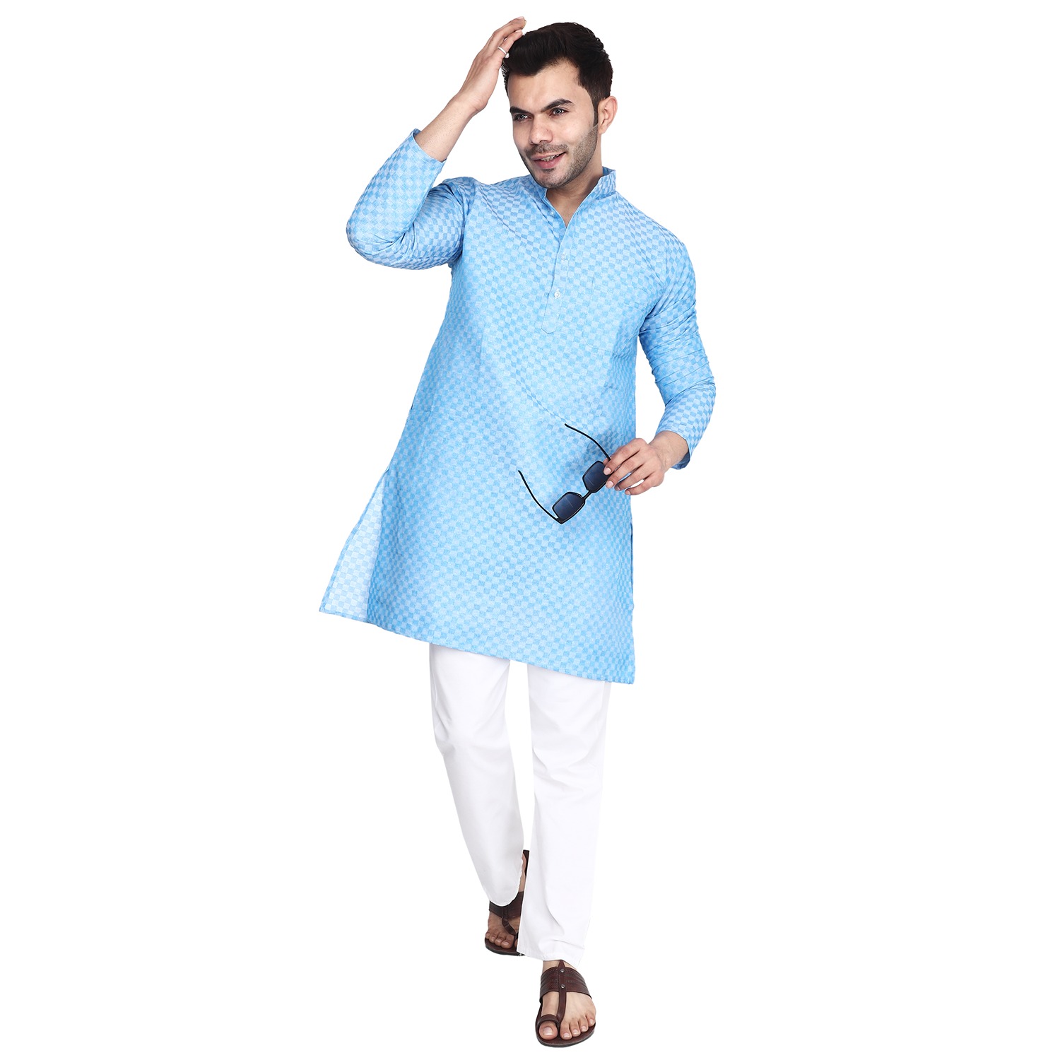 Aaryavar Men's Khadi Cotton Relaxed Kurta - Chequered - Sky Blue Color