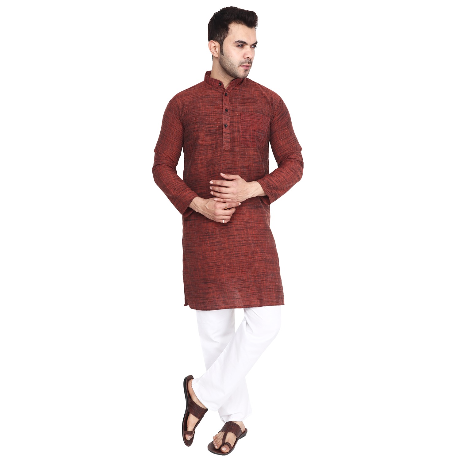 Aaryavar Men's Khadi Cotton Relaxed Kurta - Rustic Brown Color
