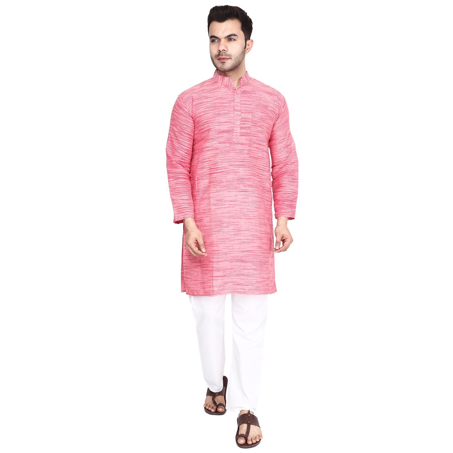 Aaryavar Men's Khadi Cotton Relaxed Kurta - Flamingo Pink Color