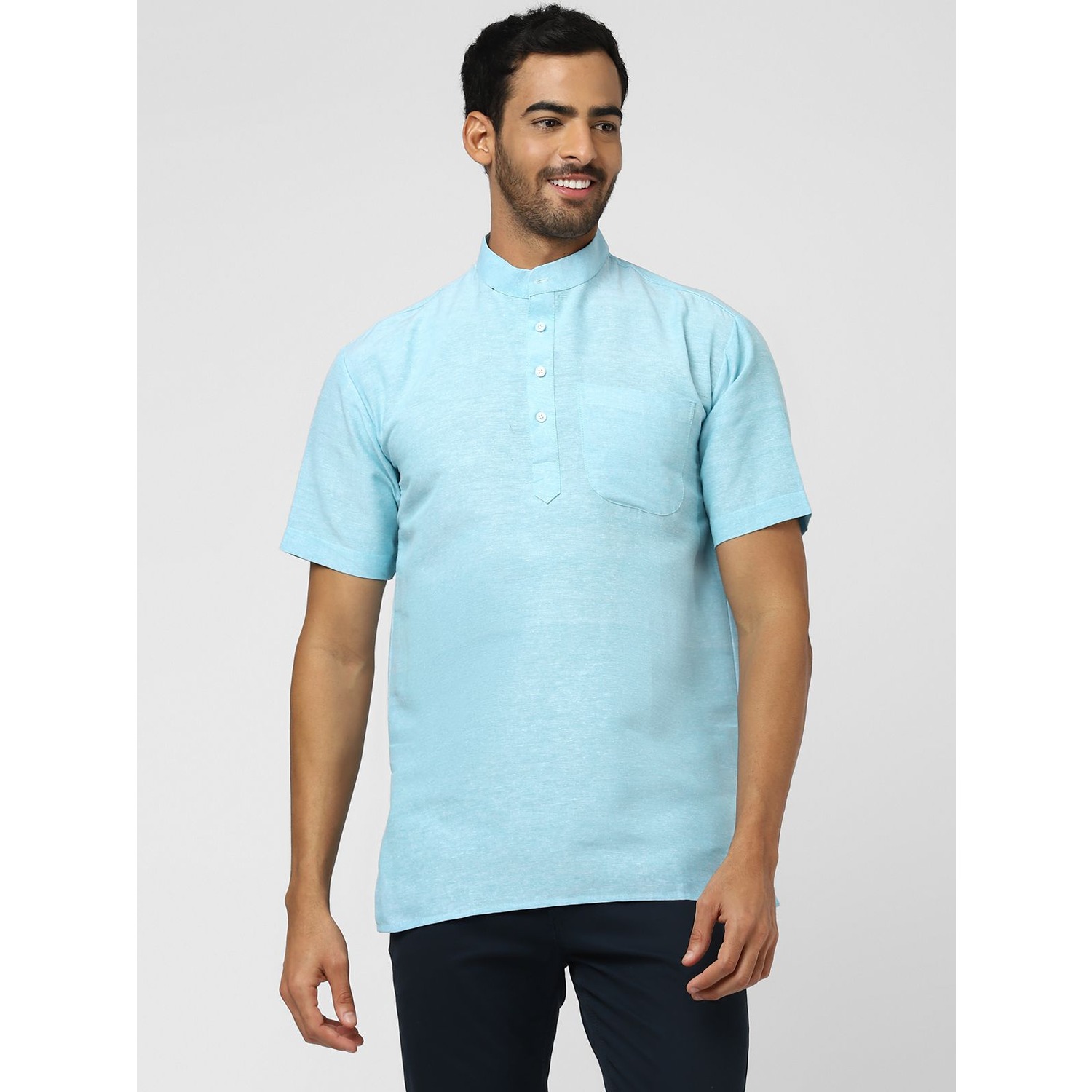 Aaryavar Men's Khadi Cotton Relaxed Short Kurta - Sky Blue Color